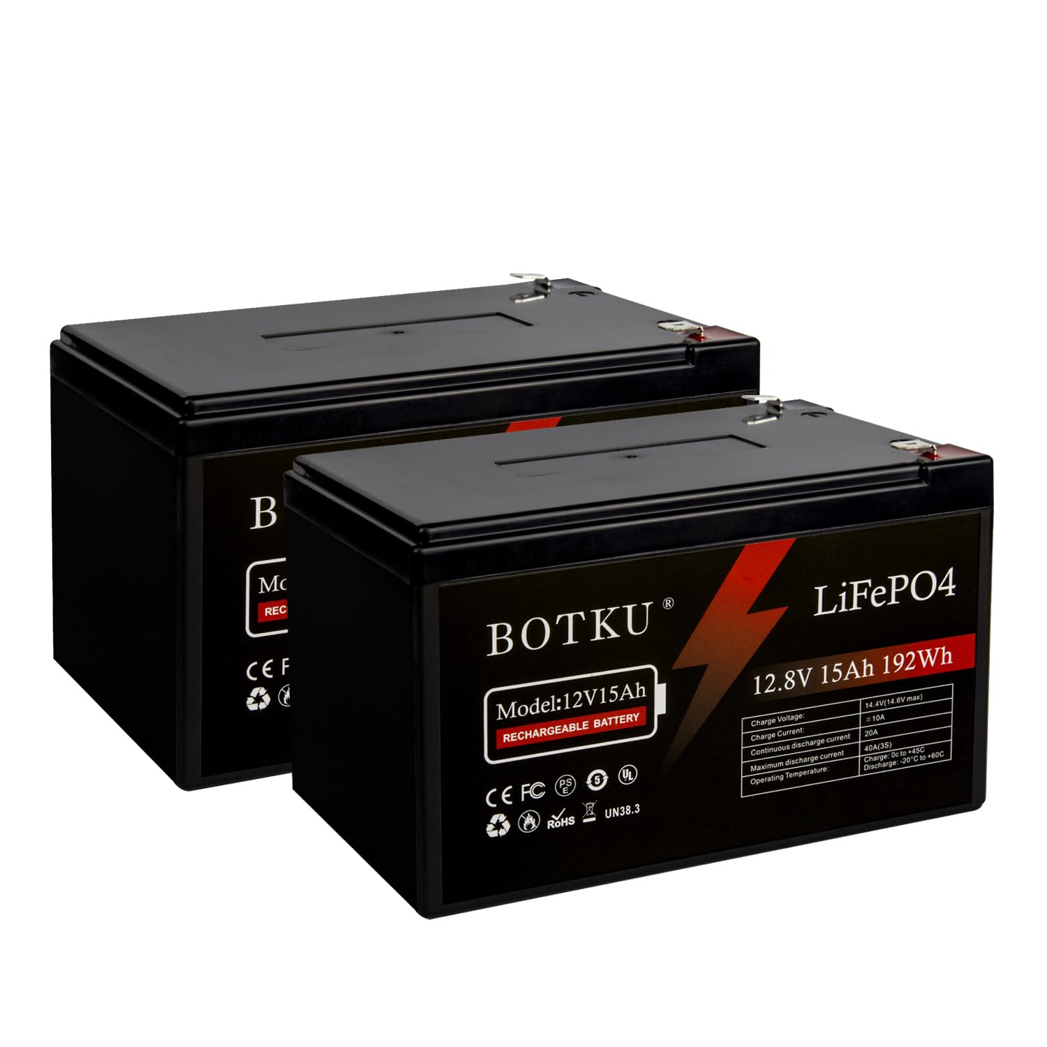 BOTKU 12V 15Ah Lithium LiFePO4 Deep Cycle Battery 2 Pack, 3000+ Cycle Rechargeable Lithium Iron Phosphate Battery for Solar, Fis