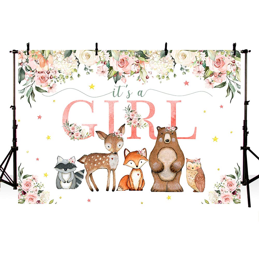 Ablin 7X5Ft Woodland Baby Shower Backdrop For Girls Pink Flowers Photography Background Woodland Animals Baby Shower Decorations