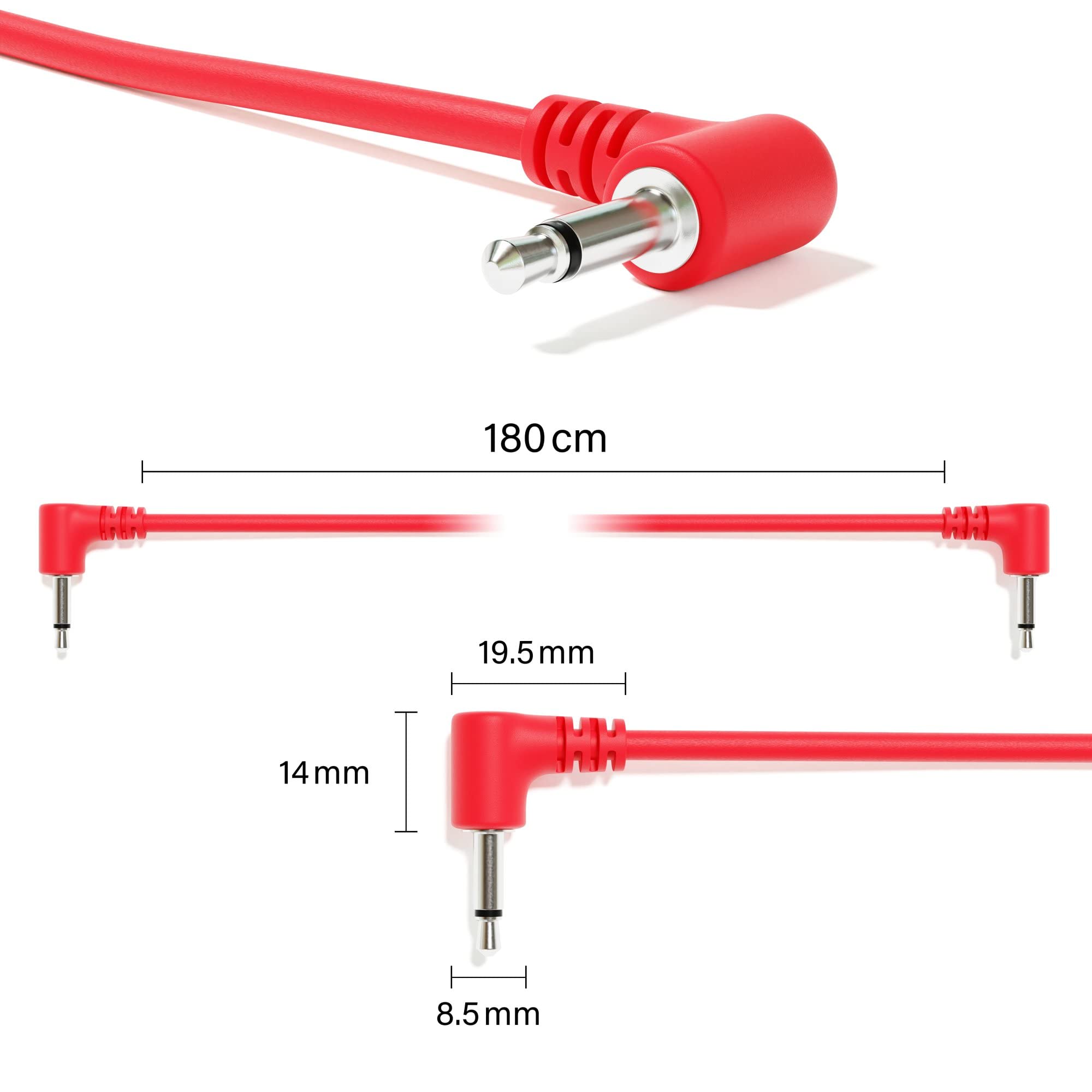 Excelvalley - 5-Pack - Right Angle Mono Modular Patch Cables - 3.5Mm 1/8 Eurorack Synthesizer [Red | 90 Cm - 35.43]