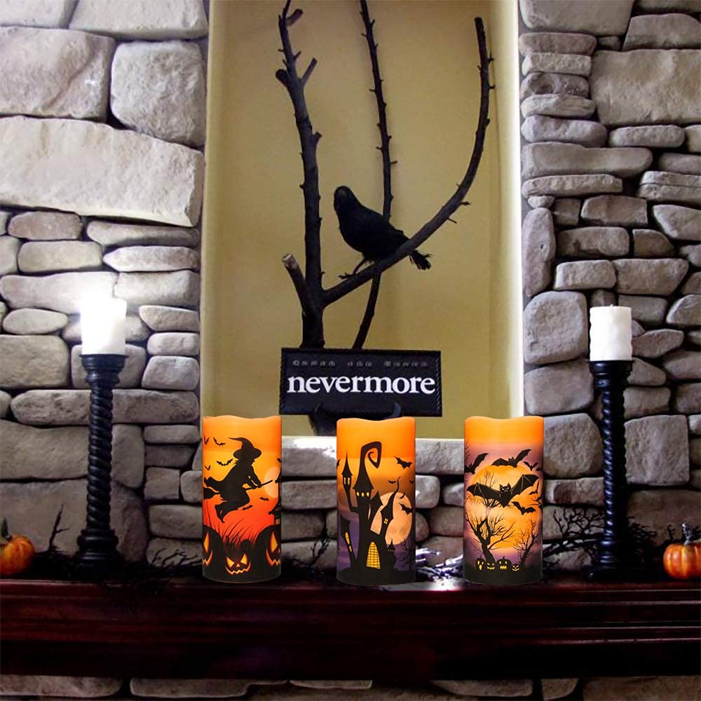 Dromance Halloween Led Flameless Pillar Candles Battery Operated With 6 Hour Timer Set Of 3 Orange Wax Warm Light Flickering Wit