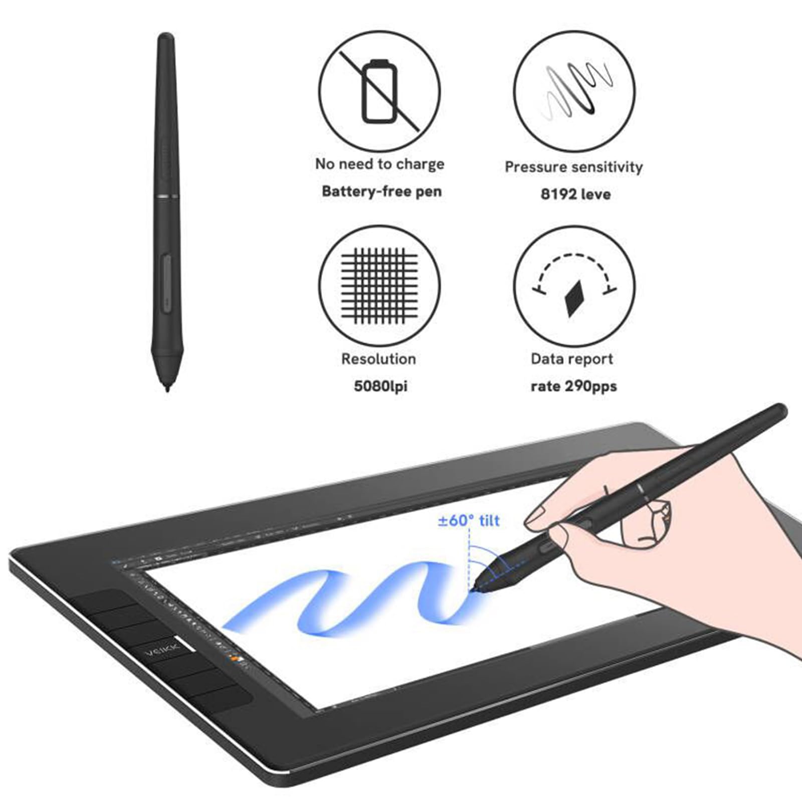 Drawing Tablet With Screen Veikk Vk1200 11.6 Inch Full-Laminated Drawing Monitor With 6 Shortcut Keys And 8192 Levels Battery Fr