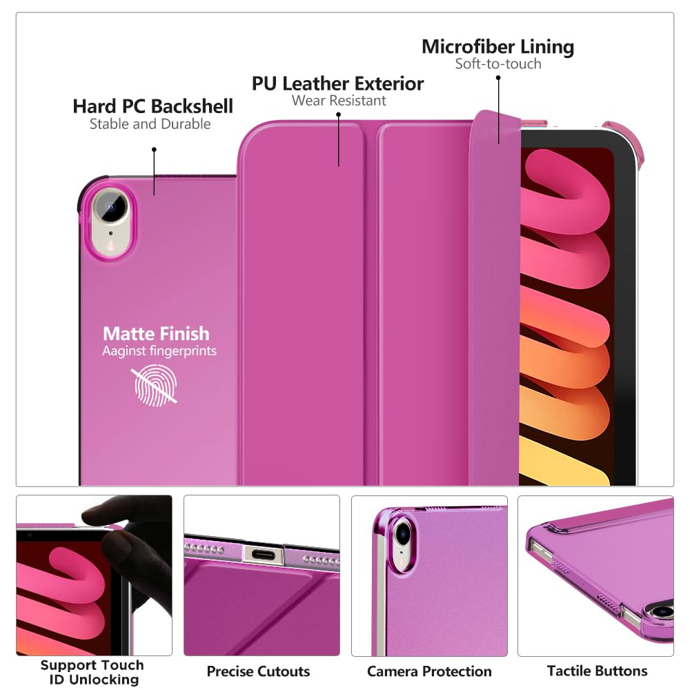 MoKo for iPad Mini 7 (A17 Pro) Case 2024,iPad Mini 6 Case 2021,8.3 inch iPad Mini 7th/6th Generation Case,Slim Lightweight Hard Back Shell Stand Cover for iPad Mini 2024 with Touch ID, Raspberry