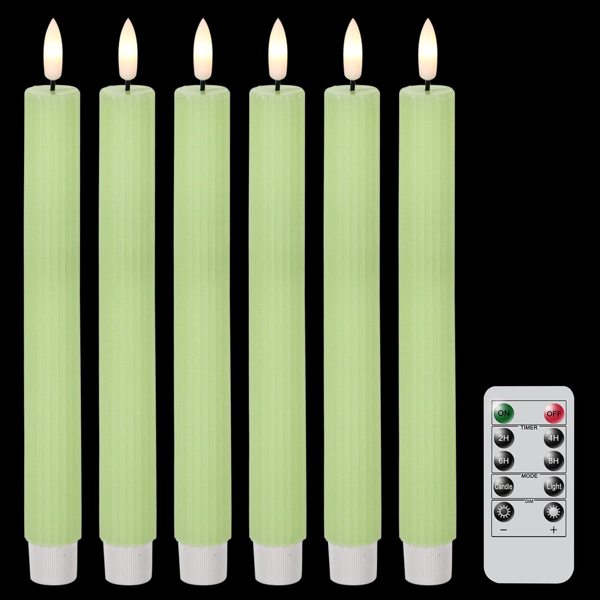 Dromance Green Flameless Flickering Taper Candles Battery Operated With 10-Key Remote And Timer 6 Packs 3D Wick Vertical Stripe 