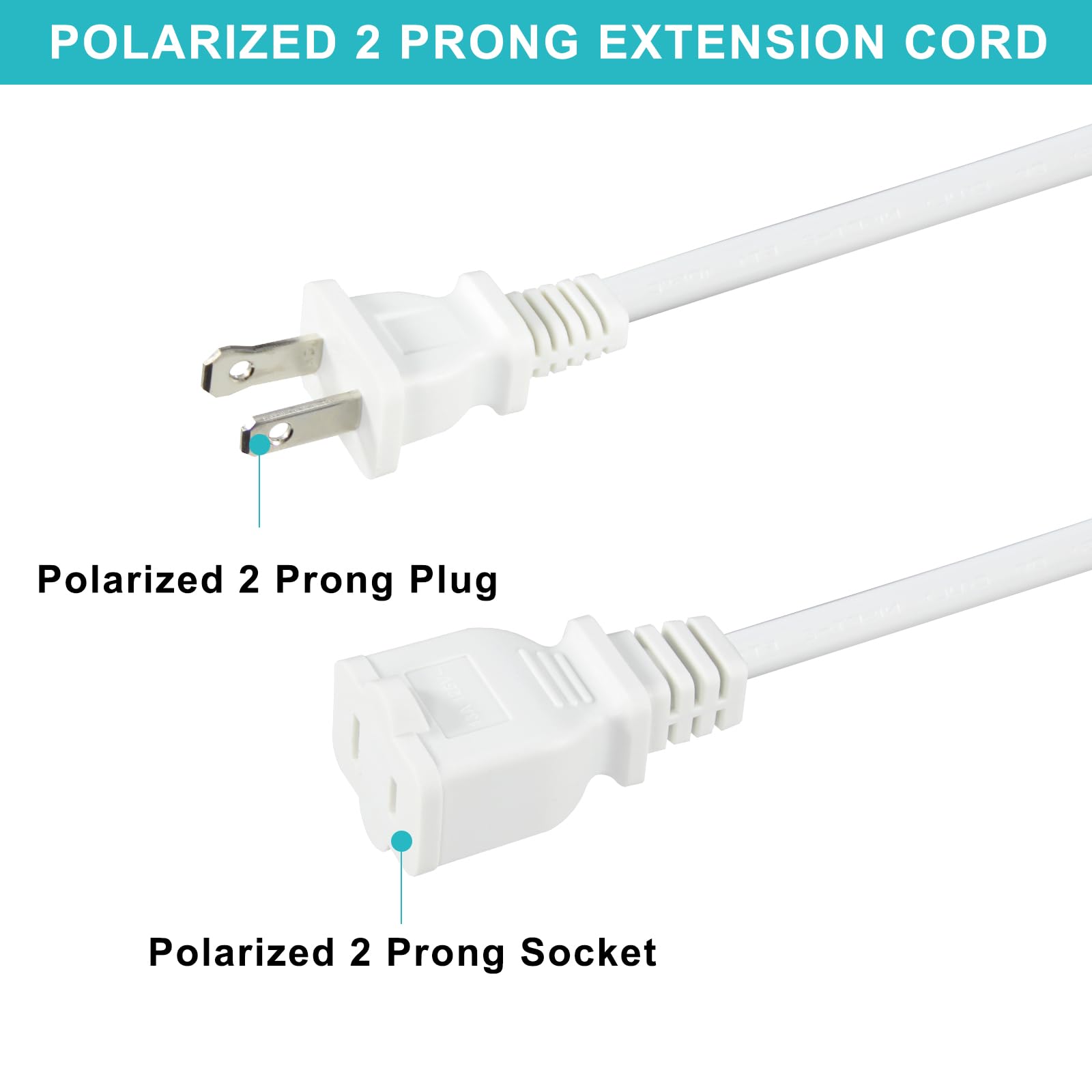 2 Prong Extension Cord 1.5Ft,White 13A/125V 16Awg Polarized Two Prong Ac Extension Cable,Flat Thin Extension Cord Male Female Si