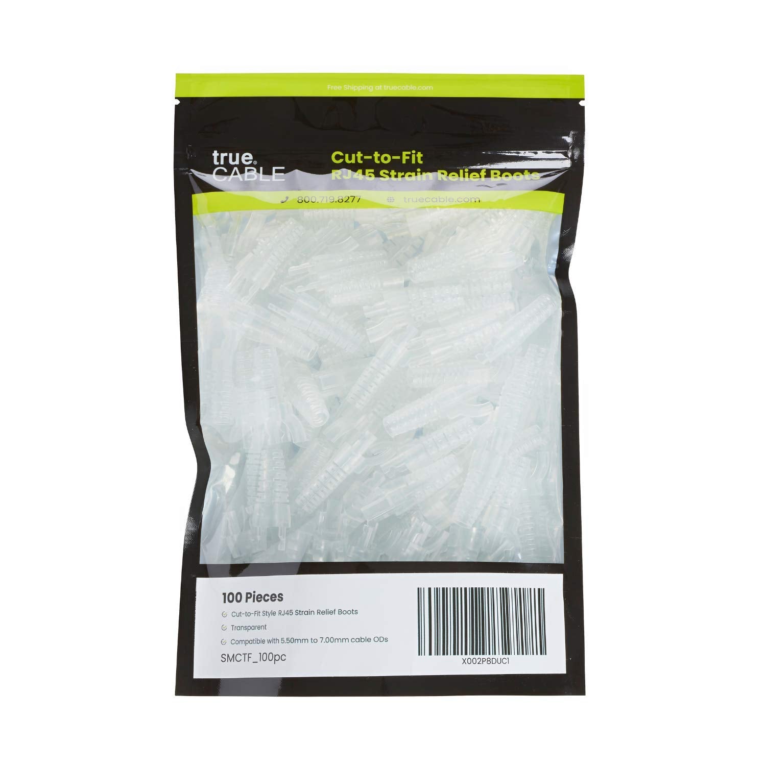 Truecable Rj45 Strain Relief Boots, Small 5.5 To 7.0Mm Cut To Fit Pvc Plug Cover, Transparent, 100 Pieces