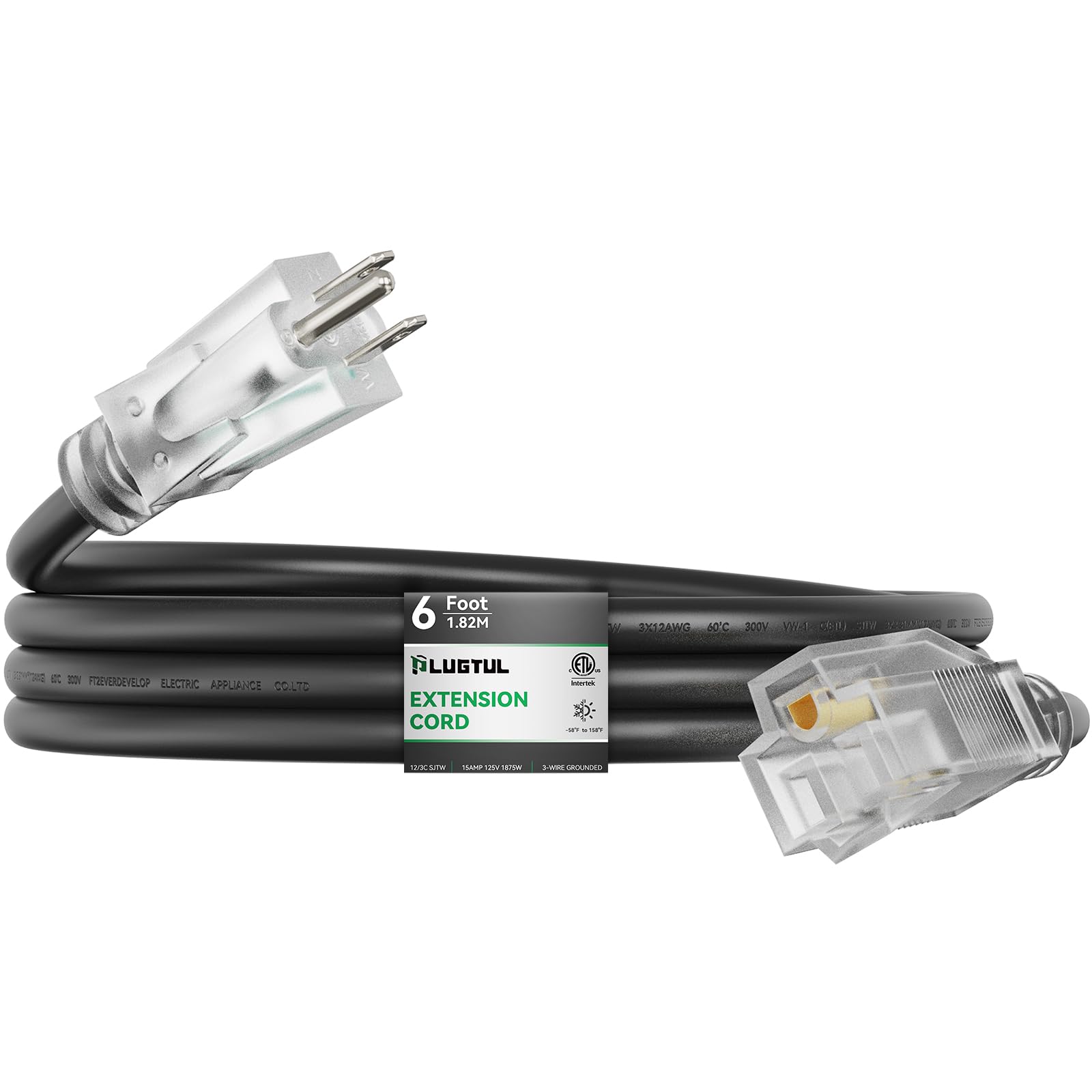 Plugtul Outdoor Extension Cord 6Ft, 12 Gauge Extension Cord With Lighted End, Heavy Duty,15A 1875W Sjtw, Etl Listed, Great For G