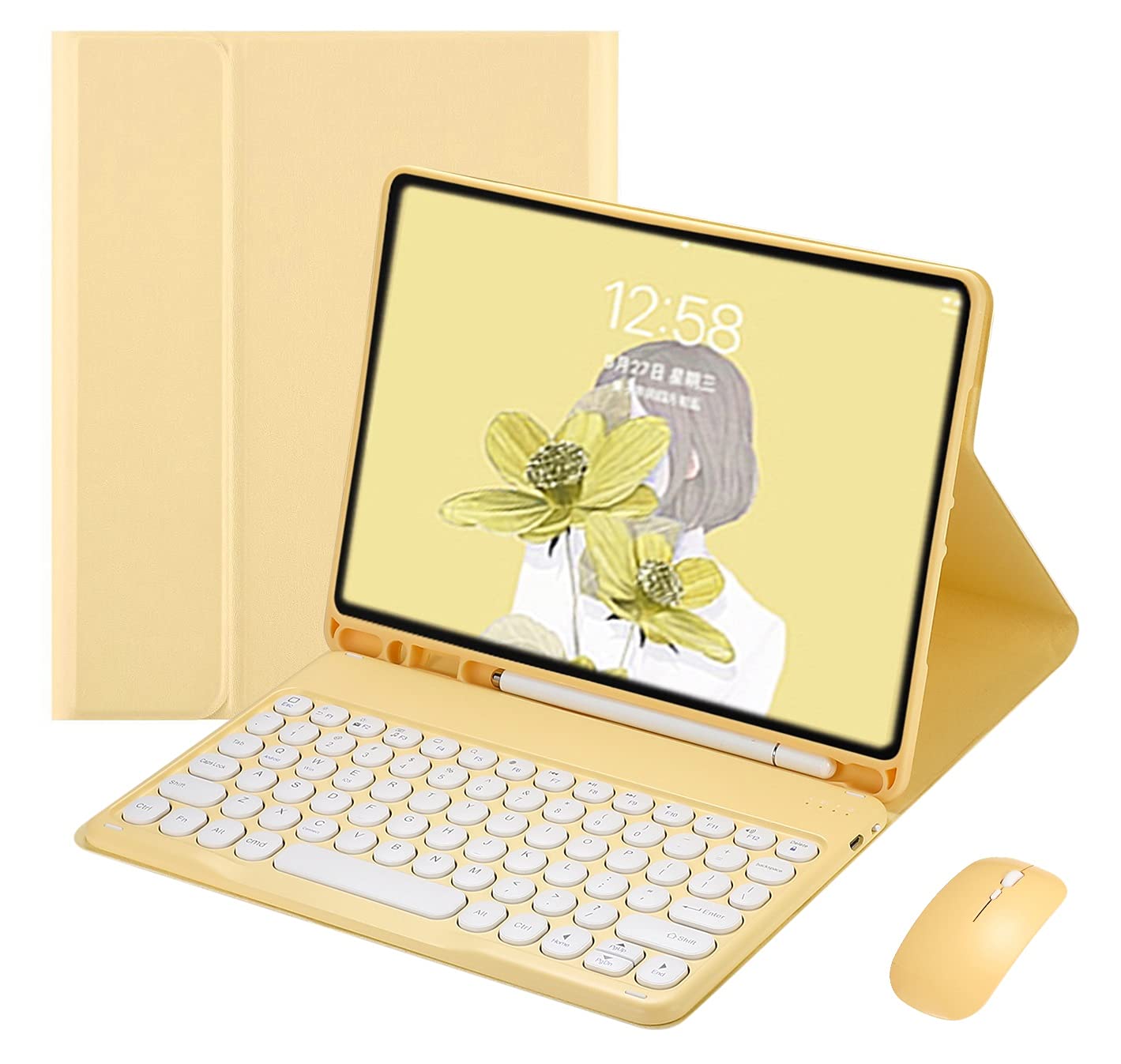 iPad 9th 8th 7th Gen 10.2   /Air 3 Pro 10.5 Keyboard Case with Mouse Color Keyboard Retro Round Key Caps Cute Candy Colors Detac