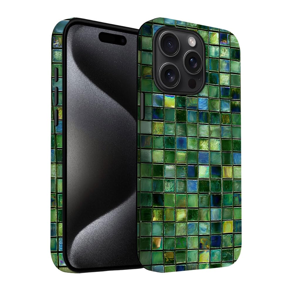Yuzbira for iPhone 15 Pro Max Case | Green Mosaic Tiles | Slim Drop Protection Design