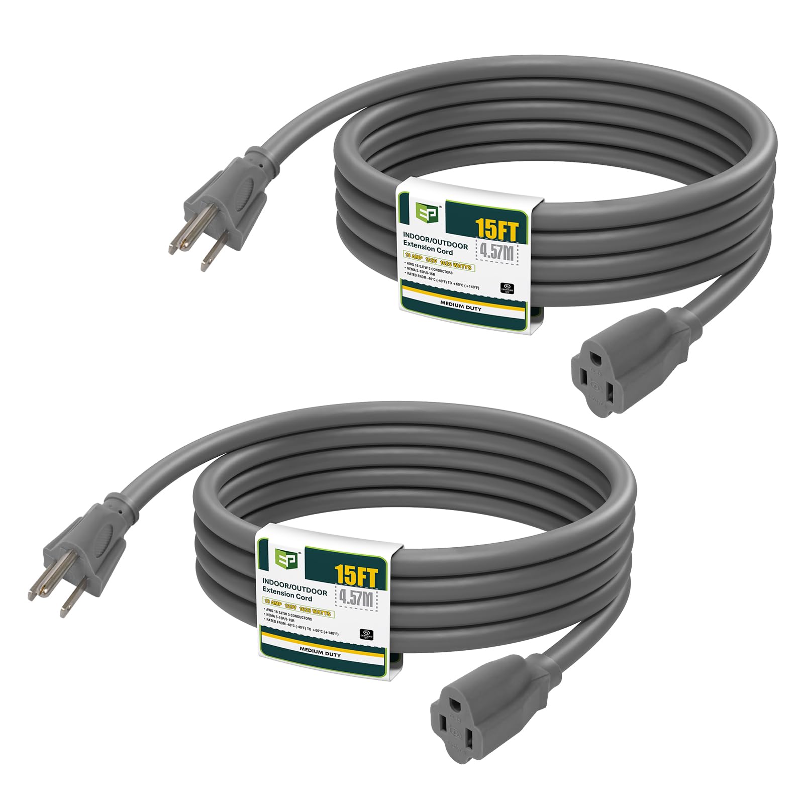 Ep 2 Pack 15 Ft Outdoor Extension Cord, 16/3 Sjtw Heavy Duty Power Cord, 3 Prong Grounded Plug, Waterproof, Cold Resistant, 13A