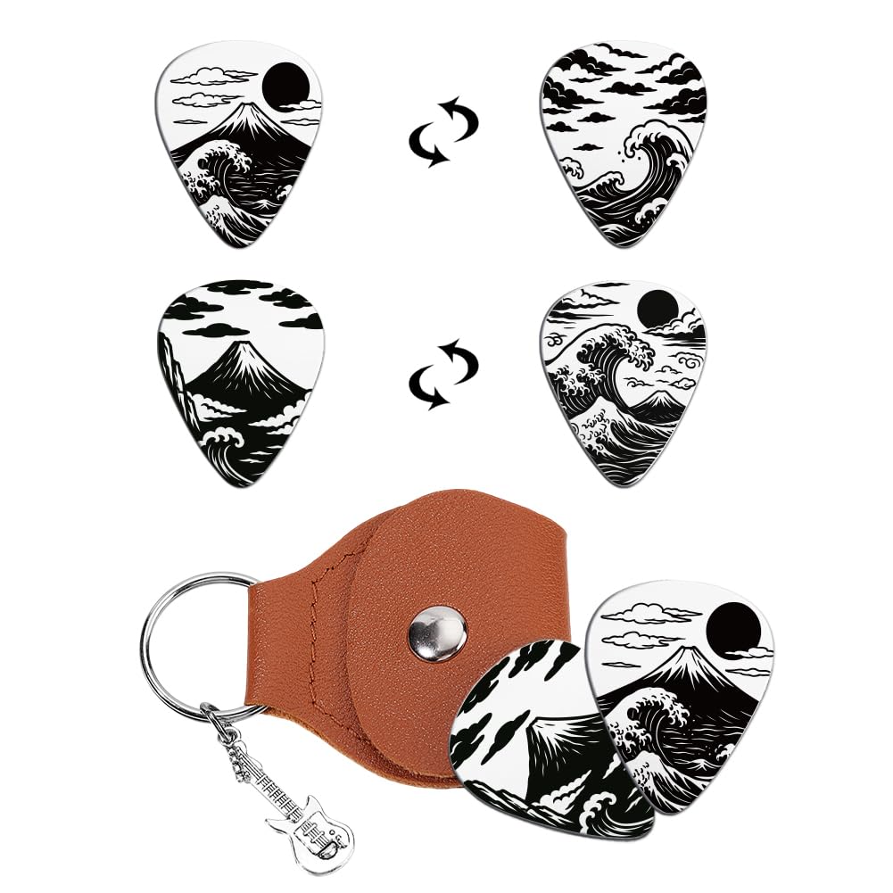 Unicraftale 2Pc Guitar Picks Gifts Stainless Steel UkiyoE Guitar Picks DoubleSide Personalized Plectrum With Brown Pu Leather