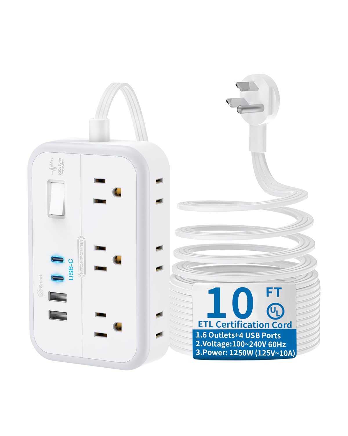 10 Ft Flat Extension Cord, Flat Plug Surge Protector Power Strip With 6 Outlets 4 Usb Ports, Wall Mounted Outlet Extender, Overl