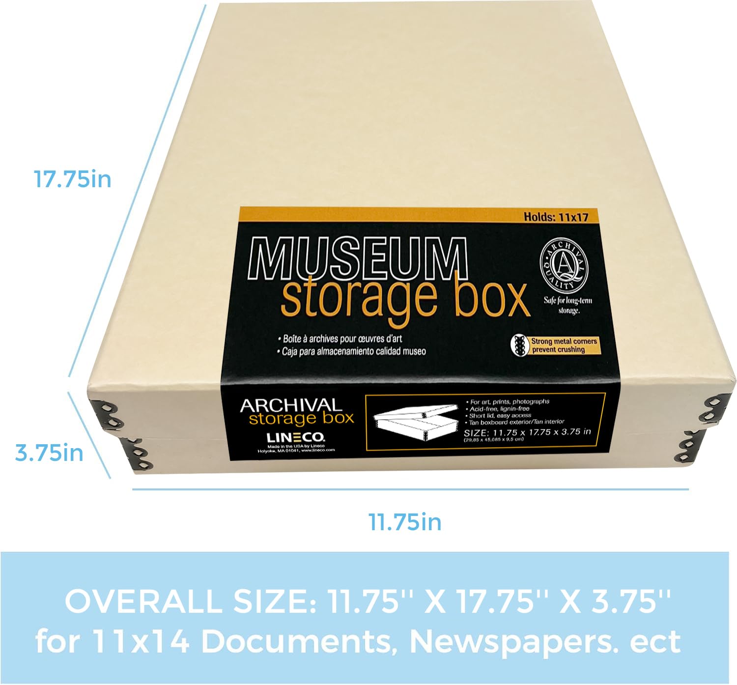 Lineco, 11X17 Tan Museum Archival Storage Box, Acid Free With Metal Edge. Preserves Picture Longevity, Organize Photos Or Docume