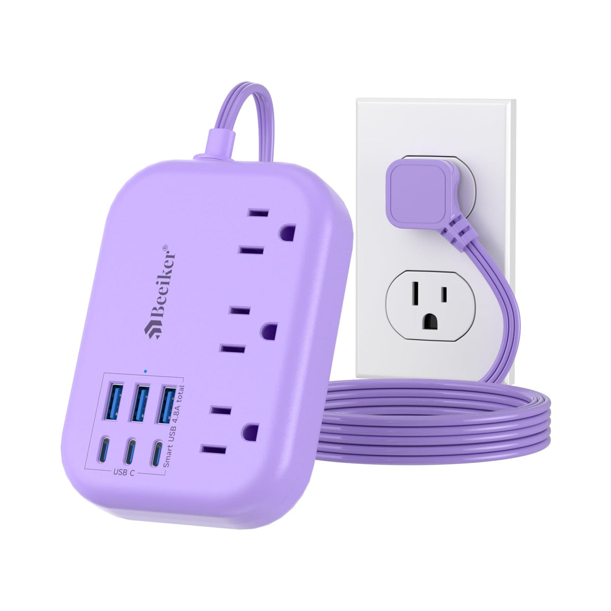 6 Usb(3 Usb C) Purple Travel Power Strip  5Ft Purple Extension Cord With 6 Usb Charging Station 24W And 3 Outlets, Purple Desk A