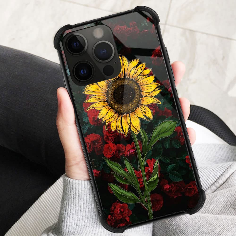 ZHEGAILIAN iPhone 14 Pro Case Rose Sunflower Pattern Organic Glass TPU Anti-Scratch 6.1 inch
