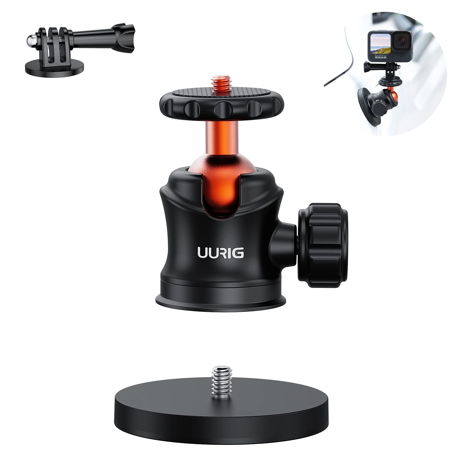Uurig Bh07 Magnetic Camera Mount With 360 Ball Head, Magnetic Mount Base Stand With 1/4'' 20 Thread Compatible With Gopro, Rubbe
