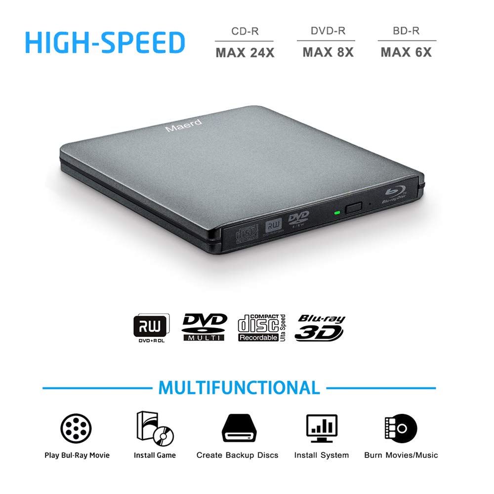 Maerd External Blu Ray Dvd Drive, Usb3.0 Type C Portable Blu Ray Player Cd Dvd Bd Burner 6X 3D Cd Dvd Bluray Burner For Windows