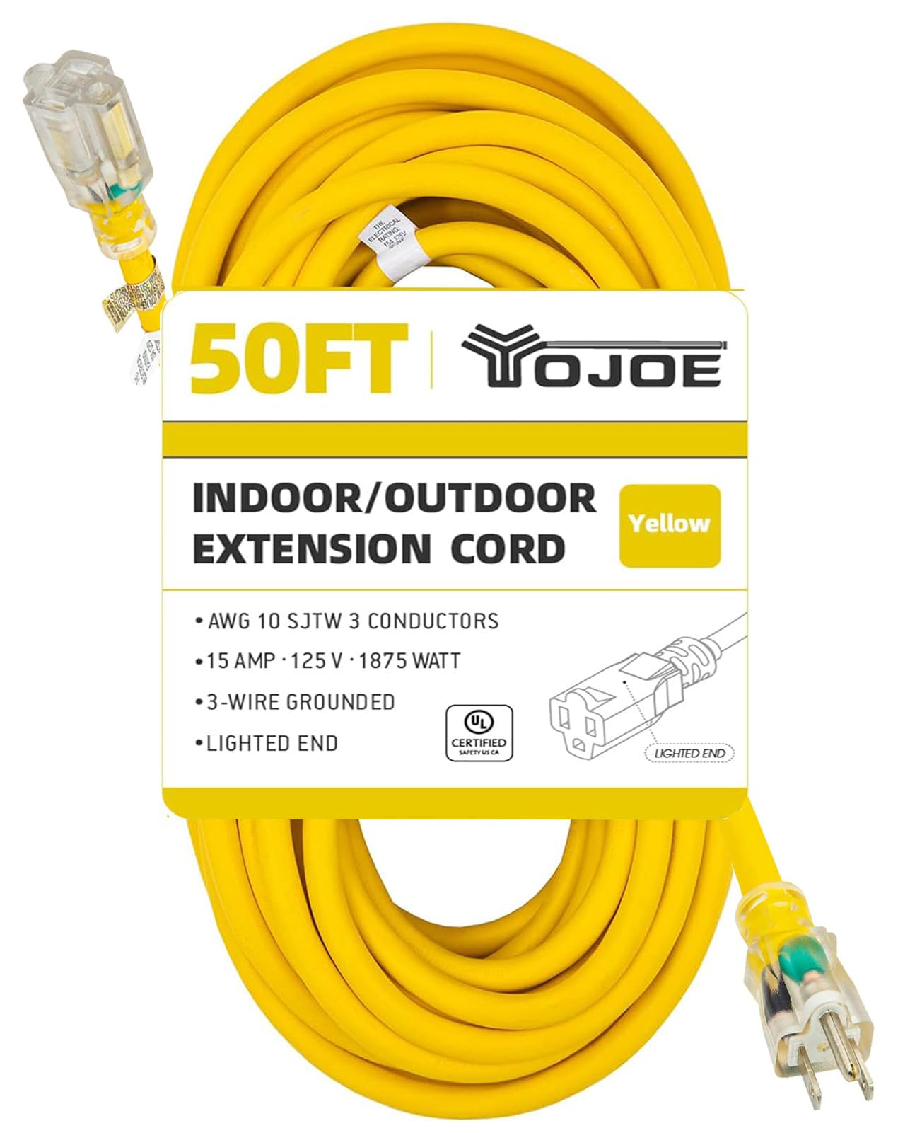 Yojoe Indoor Outdoor Extension Cord With Lighted End, 3 Prong 15A Weatherproof Power Extension Cord, 10 Gauge Heavy Duty 50 Ft Y