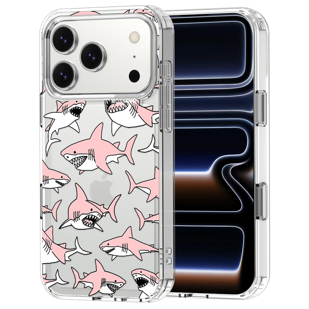 MOSNOVO for iPhone 17 Pro Case | Military Grade 6.6ft Drop Tested | Camera Control | Clear with Pink Sharks Design