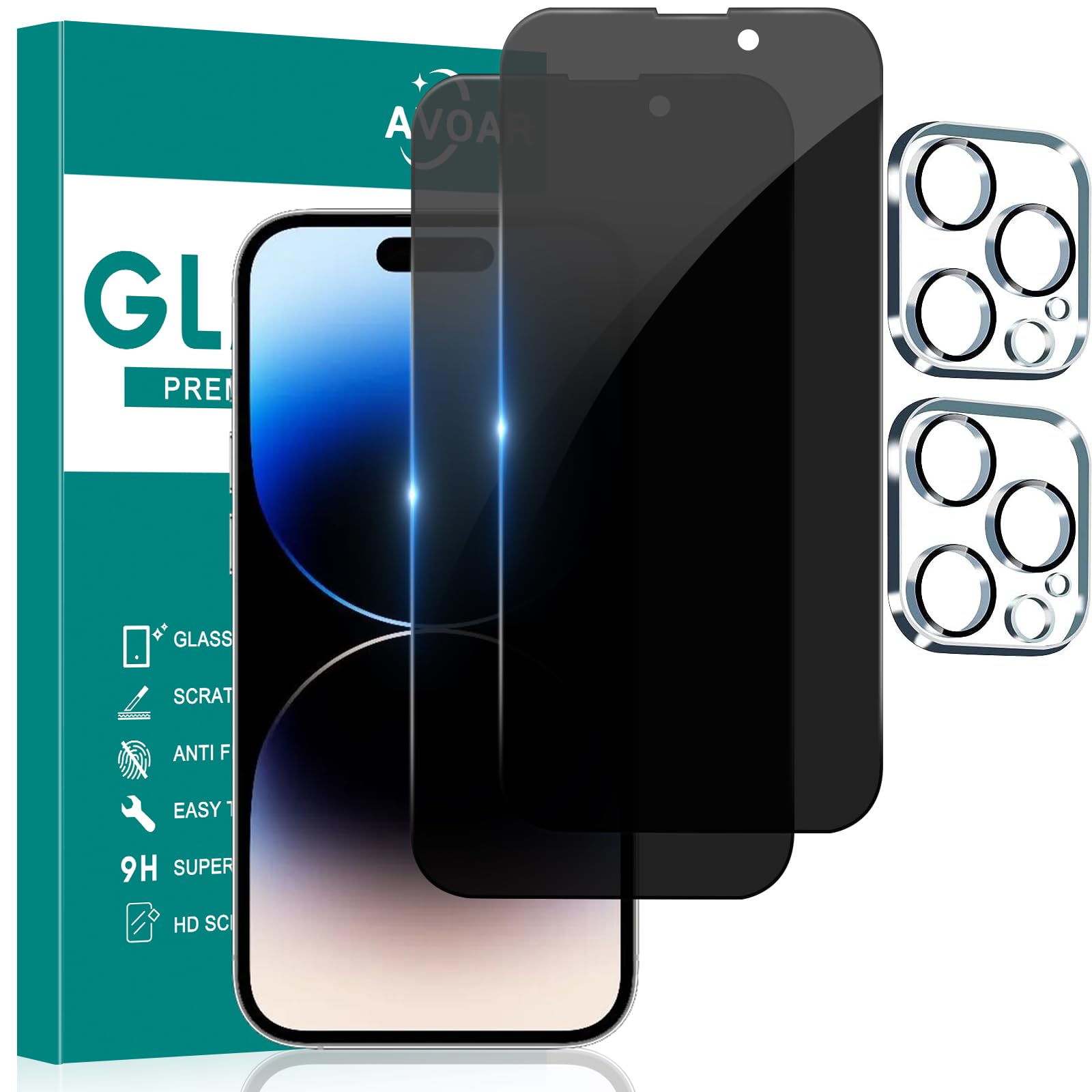 Avoar [2+2 Pack Privacy Screen Protector For Iphone 14 Pro With Camera Lens Protector, 6.1 Inch Tempered Full Screen Glass Acces