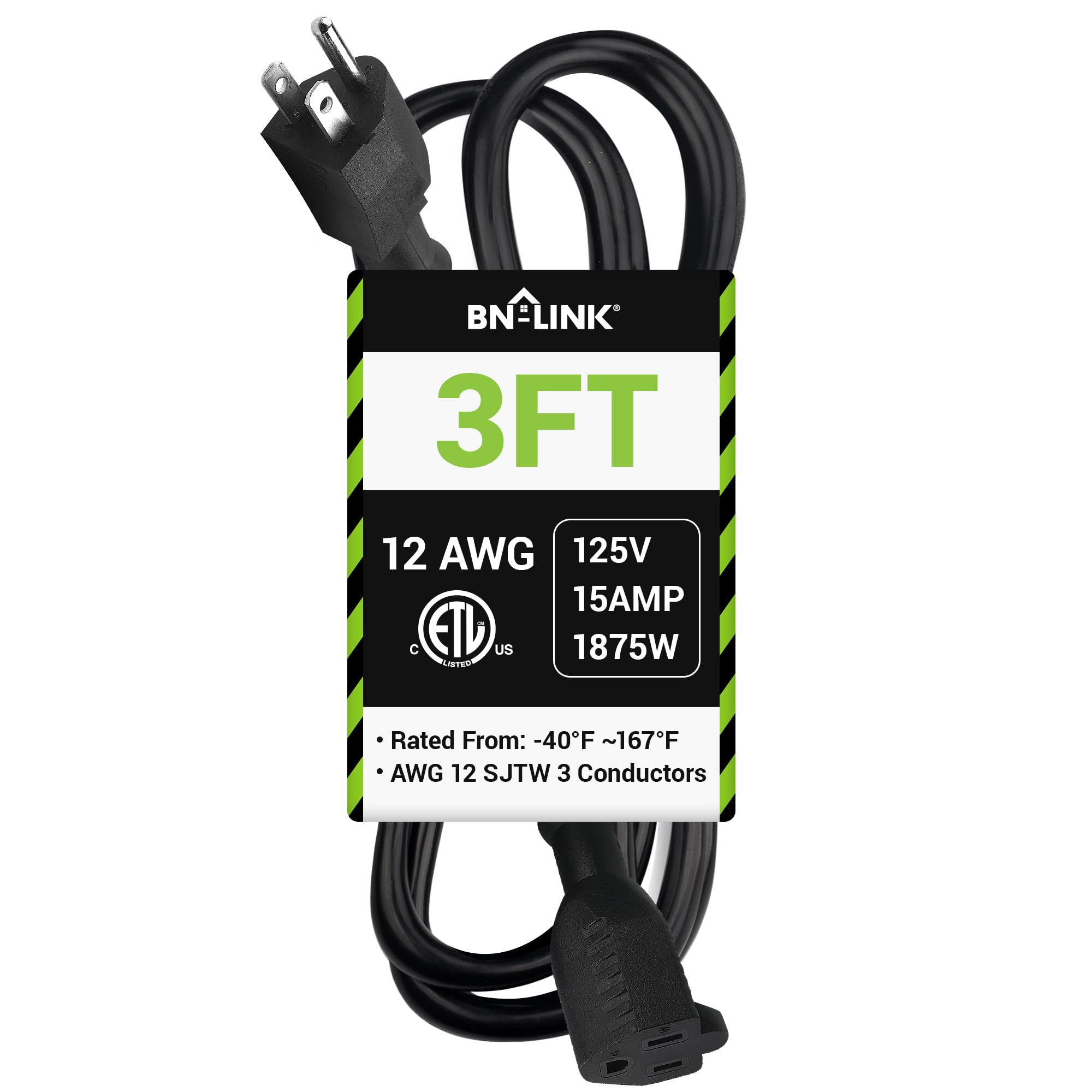 Bn Link 3Ft Outdoor Extension Cord, 15Amps,12/3 Sjtw Heavy Duty Power Cord, 3 Prong Grounded Plug, Weather Resistant, 1875W, Bla