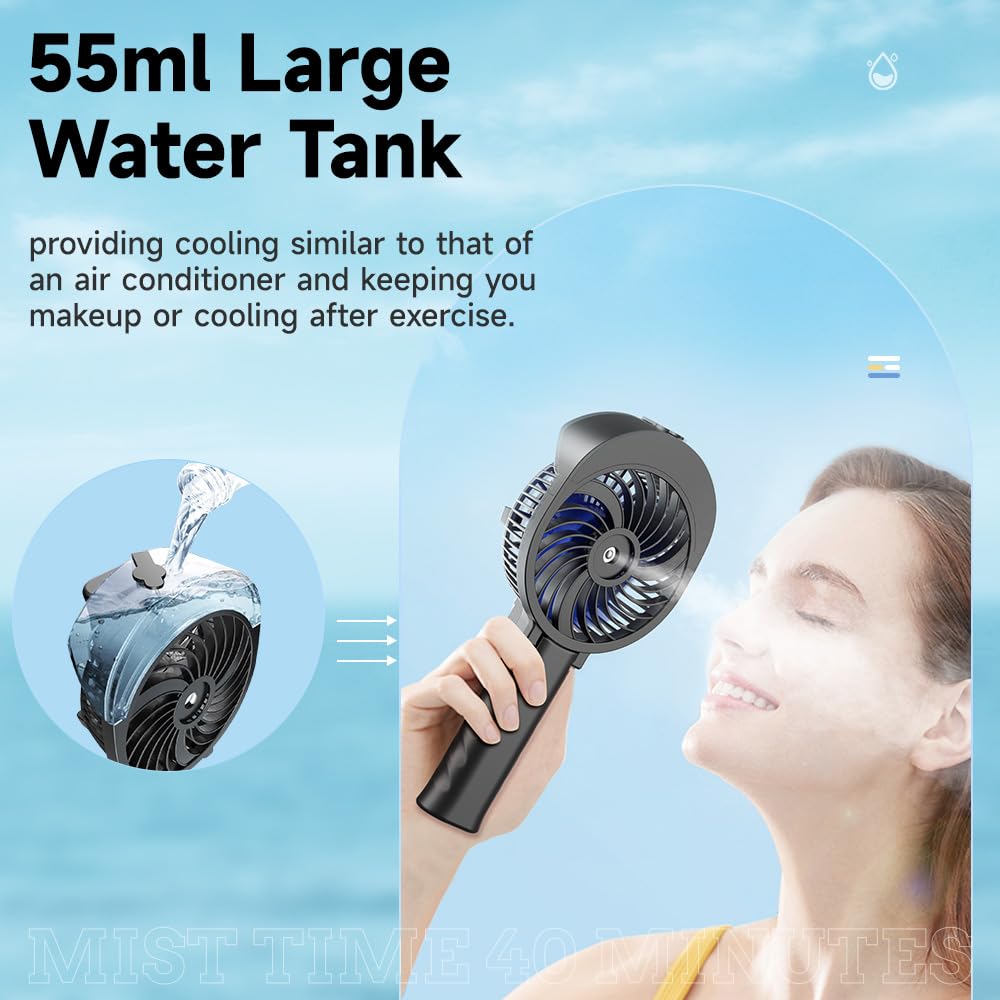 Handfan Personal Misting Fan, 55Ml Large Water Tank, Poratable Handheld Rechargeable Mister Fan, Battery Operated Mist Fan, 180F