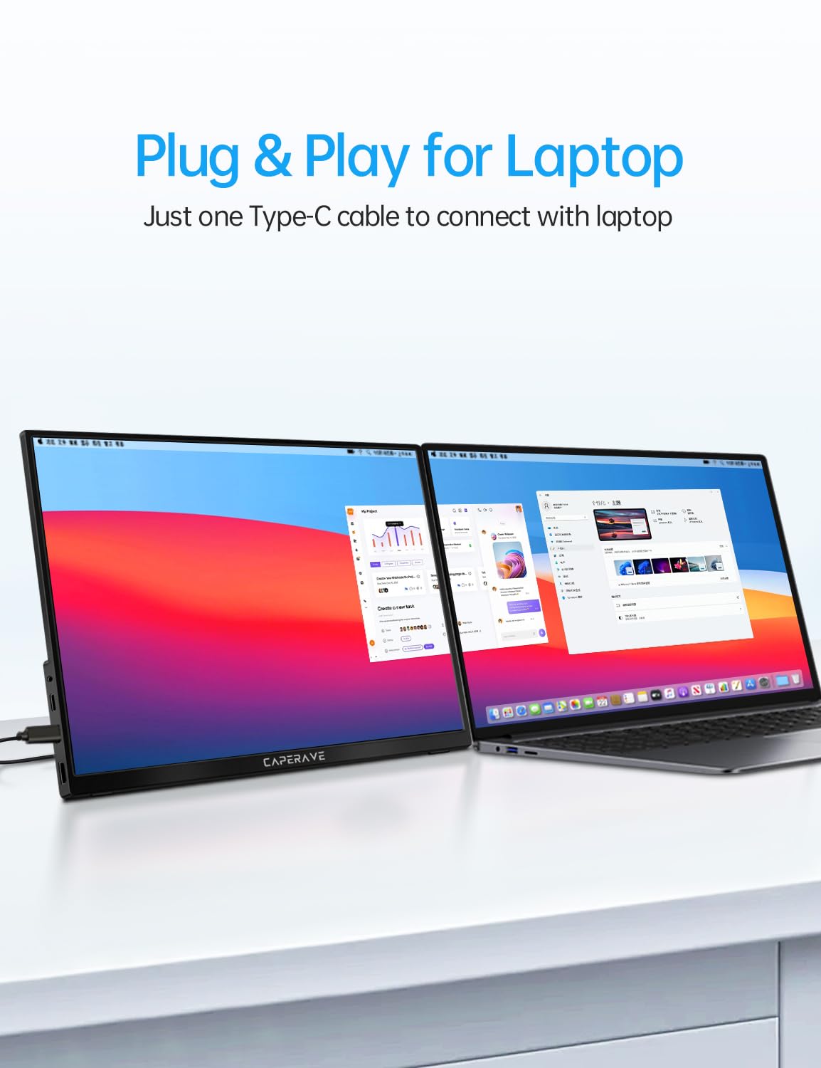 Caperave Portable Monitor   14.0'' Usb C Hdmi Travel Monitor For Laptop, Fhd 100% Srgb, Built In Kickstand & Speakers, External