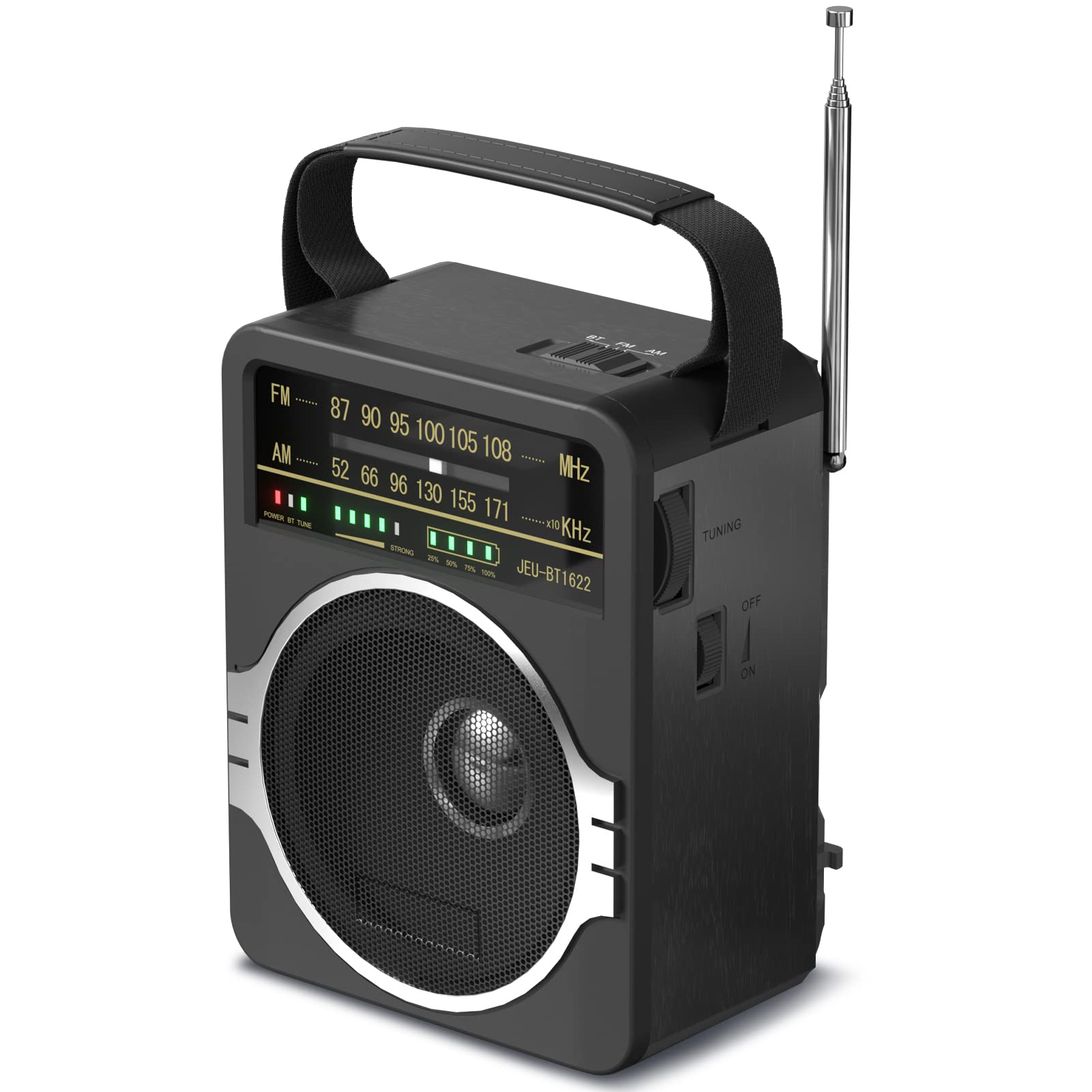 Jeujug Portable Am Fm Radio, Bluetooth 5.0 Radio 5 Watts Loud Speaker,Fm Radio Built In Rechargeable Battery/Dc D*4 Cell Battery