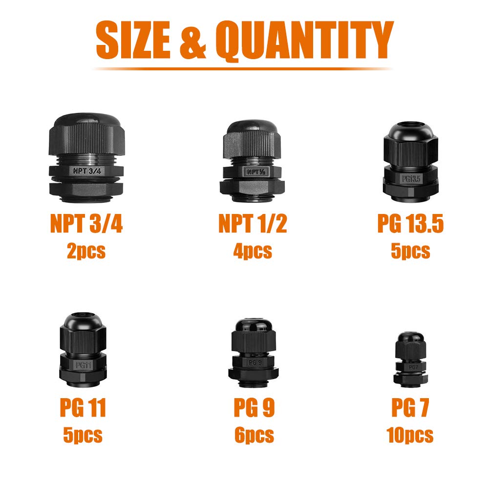 Ispinner 32Pcs Nylon Cable Gland Waterproof Ip68 Adjustable 3 18Mm, Npt 3/4, Npt 1/2, Pg13.5, Pg11, Pg9, Pg7 (Black)