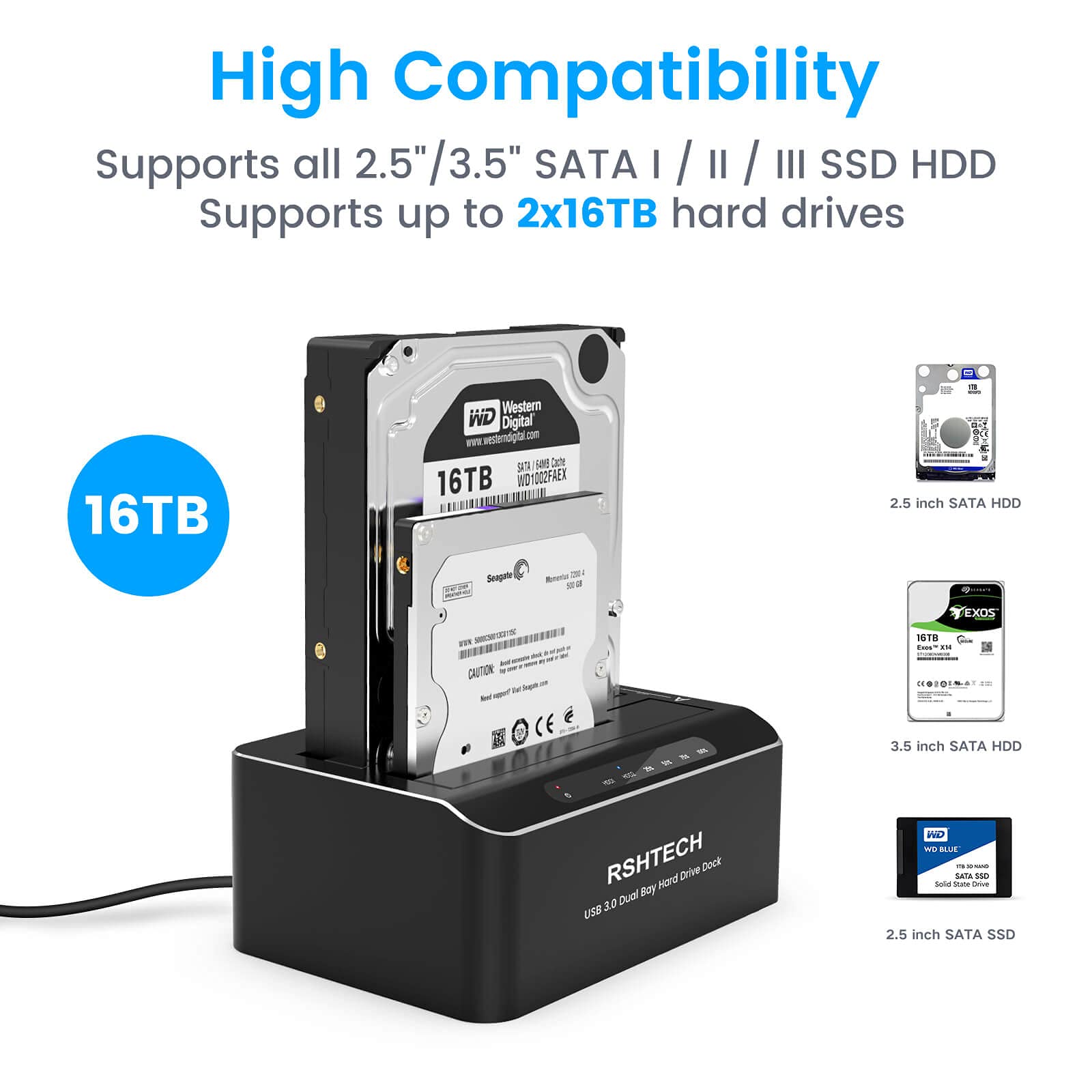 RSHTECH Hard Drive Dock - USB 3.0 Dual Bay SATA Docking Station for 2.5 & 3.5 inch HDD/SSD, Offline Clone, Black, Model RSH