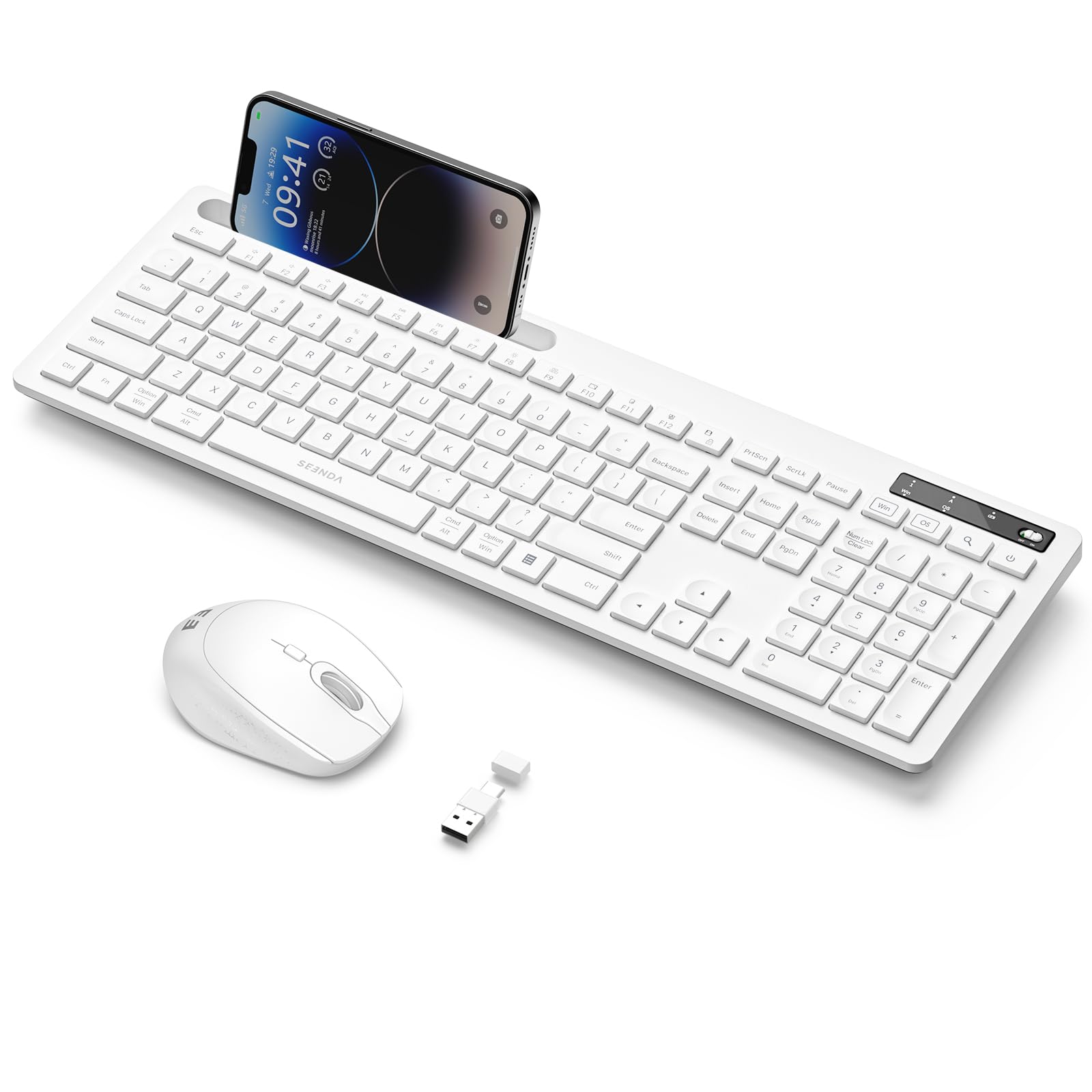 White Keyboard And Mouse Wireless, Seenda Full Size Keyboard With Phone Holder Usb A & Type C Receiver 2.4G Silent Usb Keyboard
