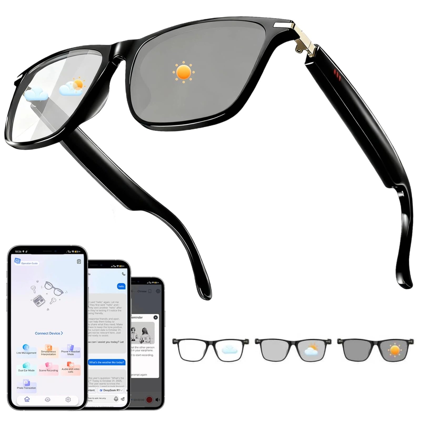 HAIXINDA AI Smart Glasses with ChatGPT, Bluetooth Glasses for Women & Men, Free App, AI Translation Glasses with 164 Languages,