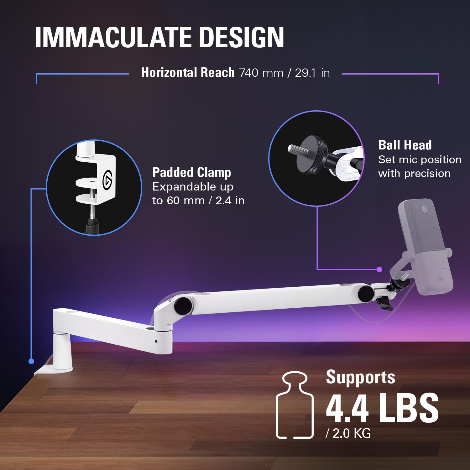 Elgato Wave Mic Arm Lp White - Premium Low Profile Microphone Arm With Cable Management, Desk Clamp, Versatile Mounting And Full