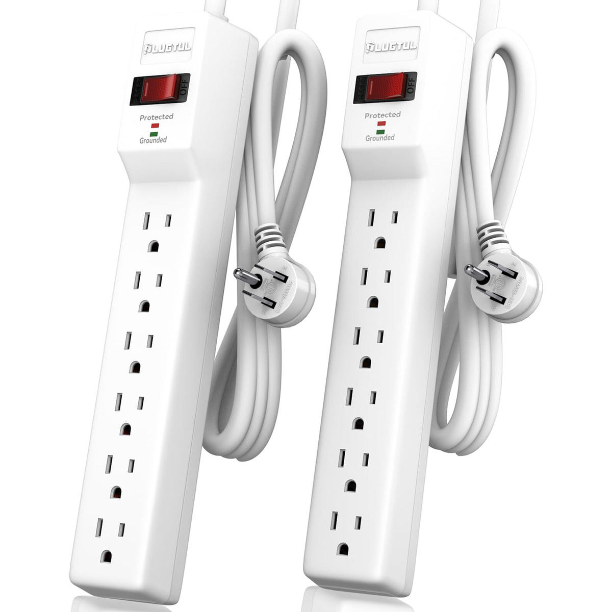 Plugtul 2 Pack Power Strip Surge Protector 4 Ft, 6 Outlet, 980 Joules, Flat Plug, Wall Mountable For Home Office Garage, Etl Lis