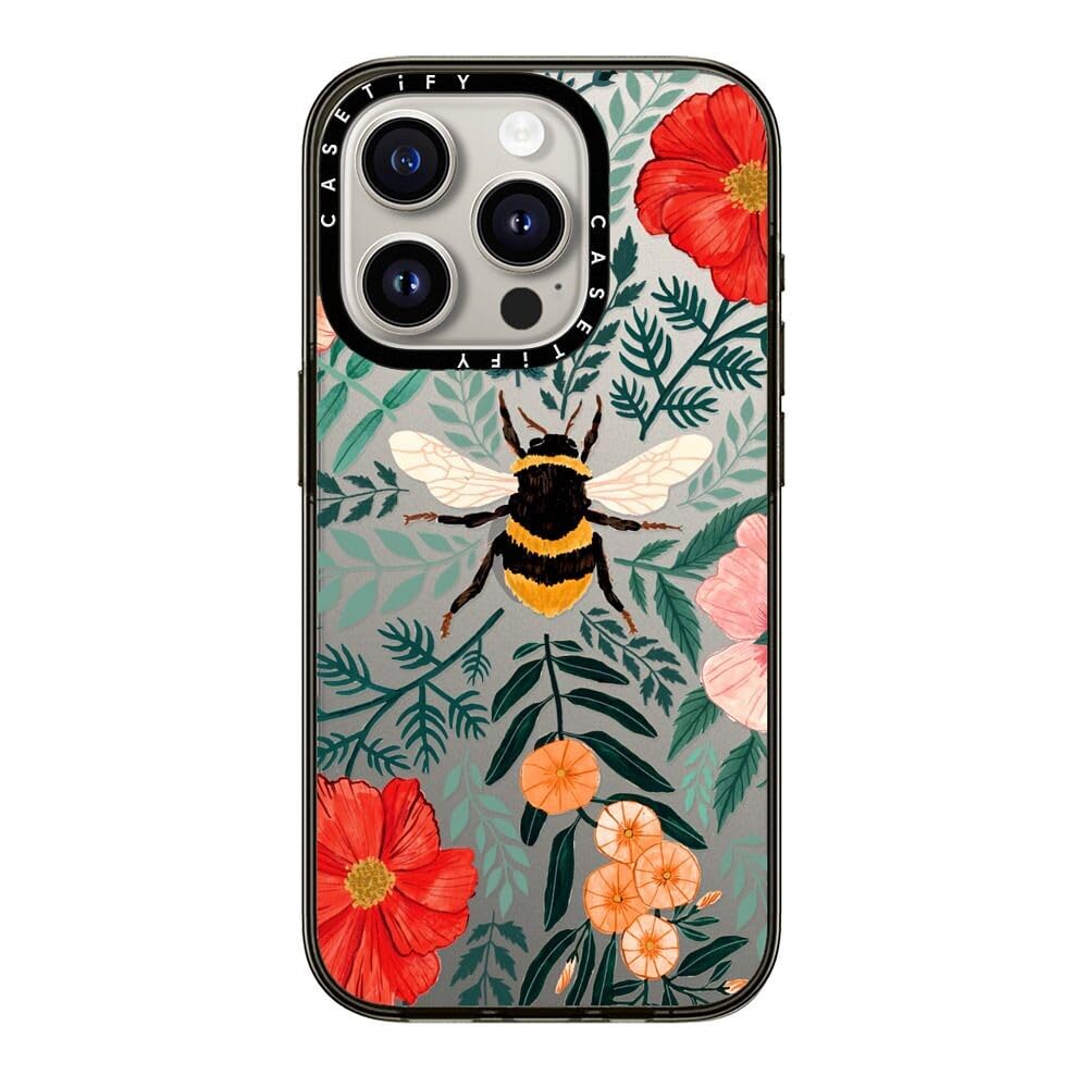Casetify Compact Iphone 15 Pro Case [2X Military Grade Drop Tested / 4Ft Drop Protection]   Bee In The Flowers   Clear Black