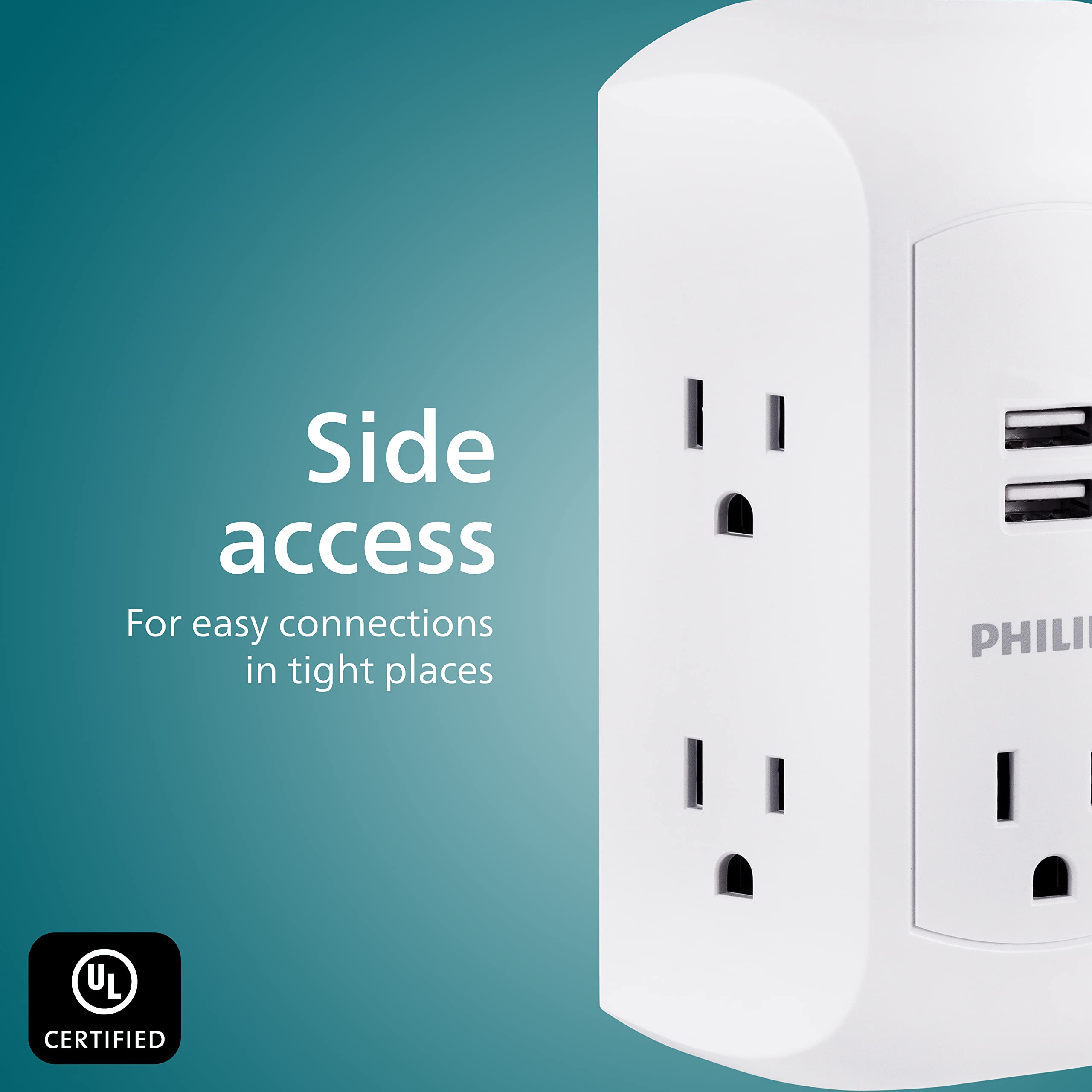 Philips 5 Outlet Extender, Grounded Wall Tap, 3 Prong, 2 Usb A, Surge Protector, Adapter Spaced Outlets, Side Access, 560 Joules