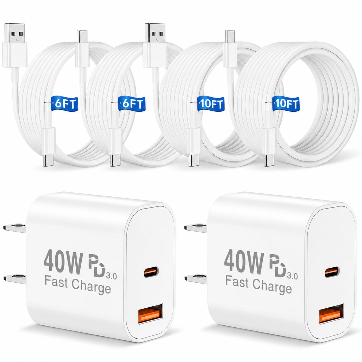 40W Dual Port Charger 2Pack with 6FT & 10FT Cables for iPhone 17 Pro
