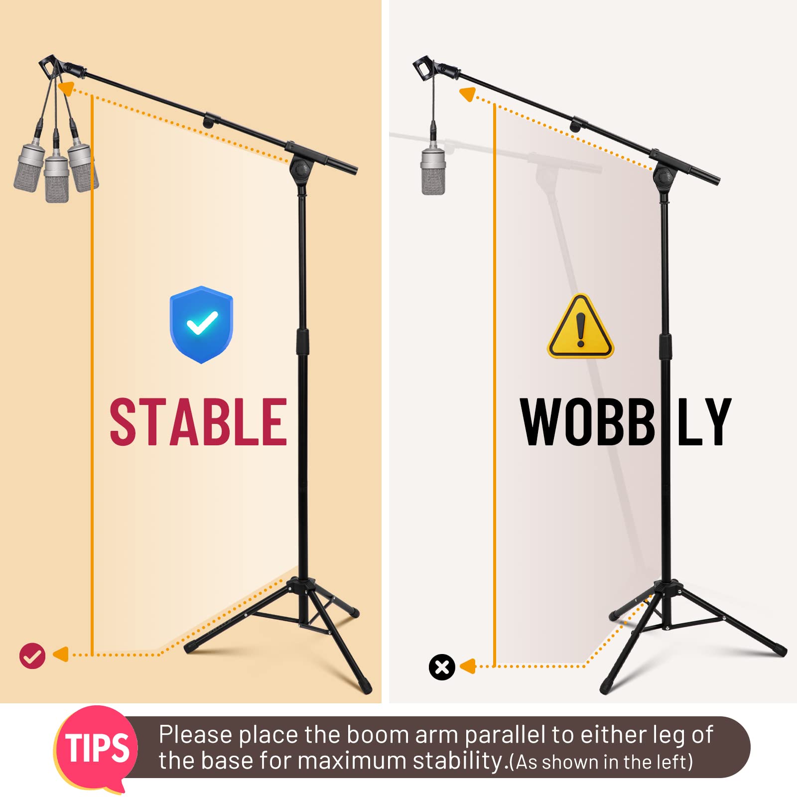 Cahaya Mic Stand Tripod Boom Arm Floor Microphone Stand Height Adjustable With Carrying Bag And 2 Mic Clips 3/8 To 5/8 Adapter F