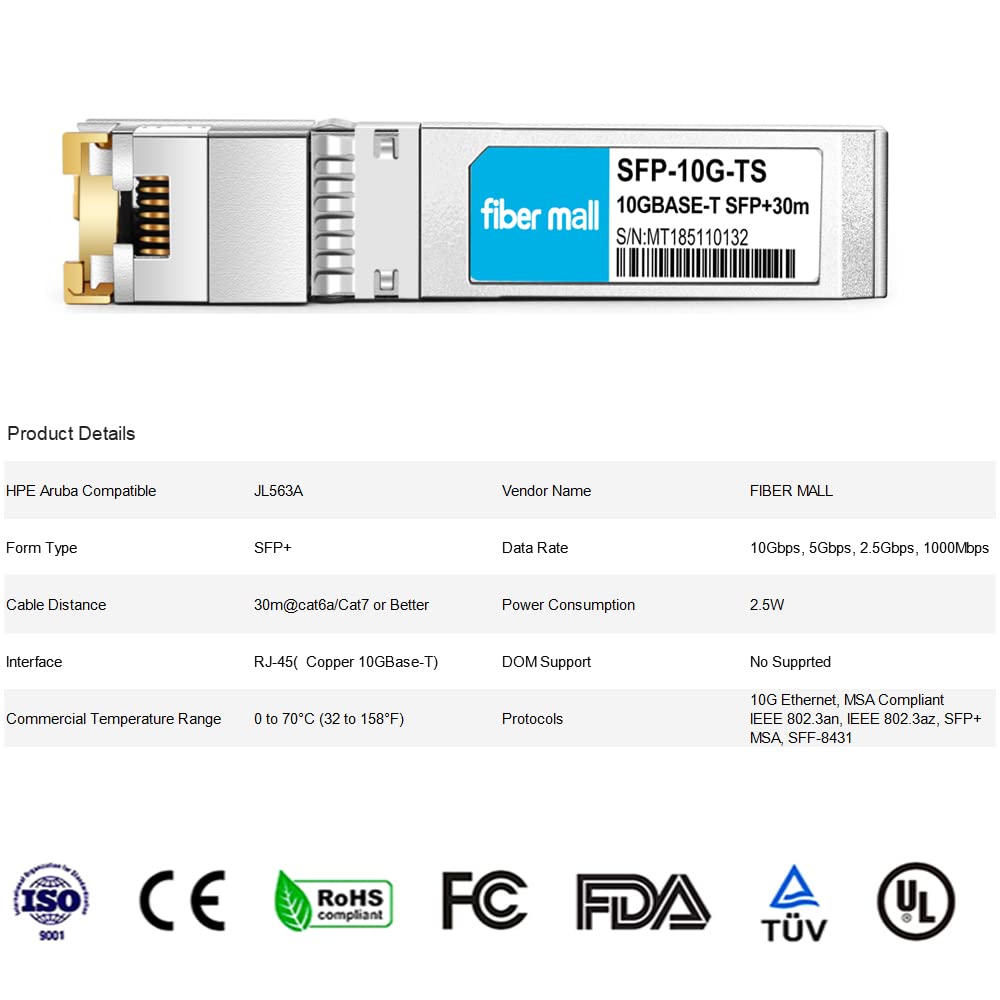 10Gbase-T Sfp+ To Rj45 For Hpe Aruba Jl563A Compatible 10G Sfp+ Copper Rj-45 30M Transceiver Module