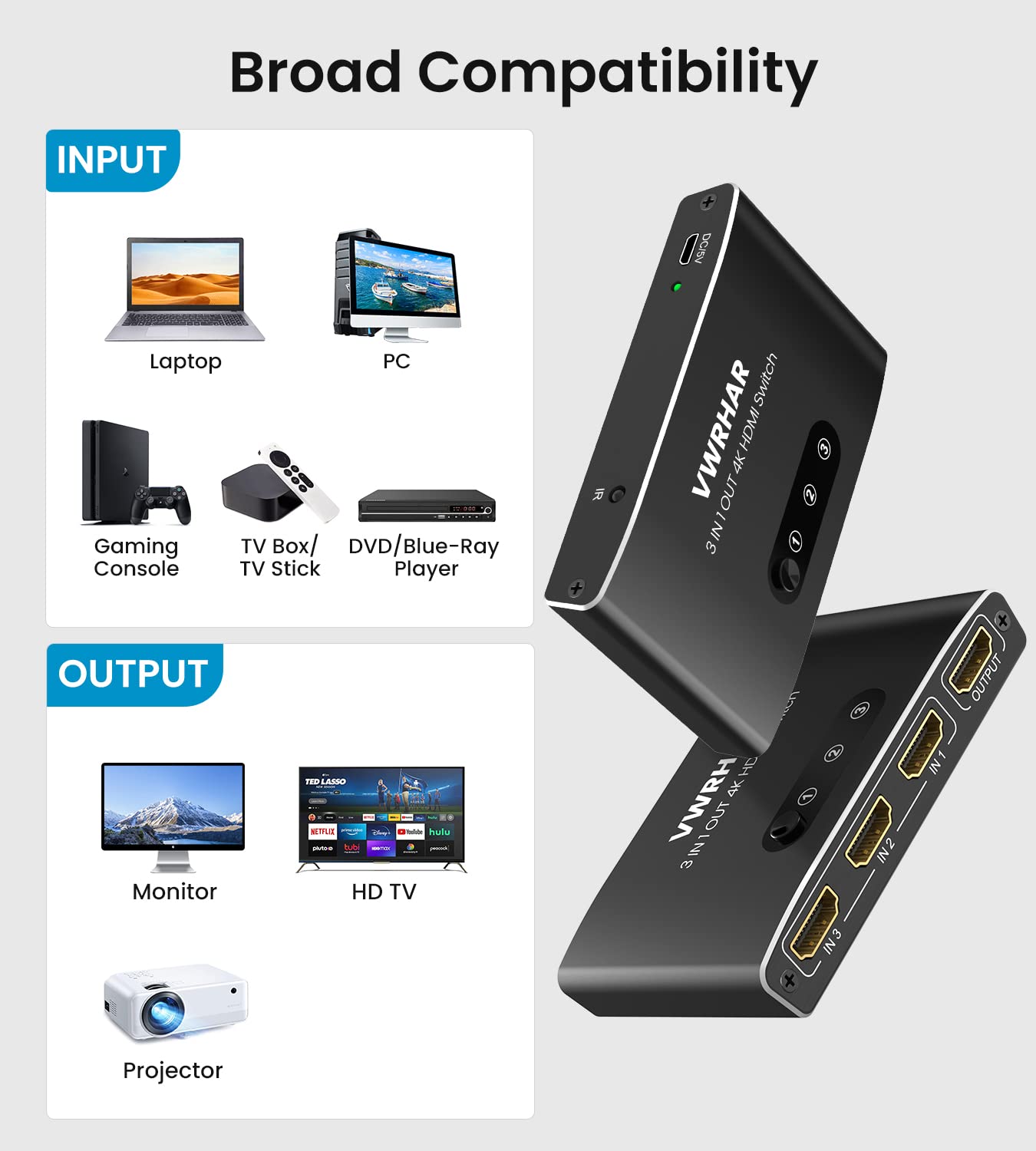 Hdmi Switch 3 In 1 Out 4K Uhd Hdmi Switcher Splitter, Automatic Switch With Remote Metal Hdmi Switch Box Hub Support 4K 3D 1080P