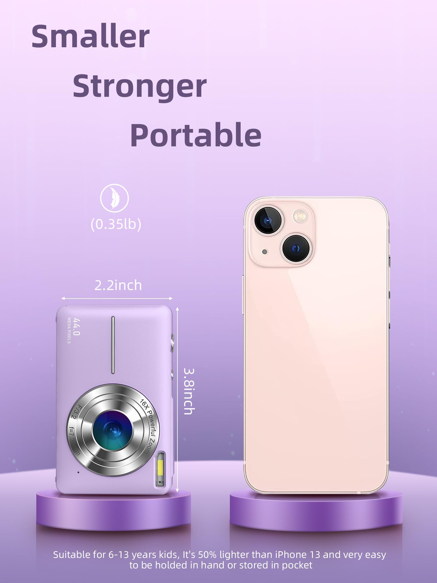 Digital Camera Fhd 1080P, Camkory Kids Camera 44Mp Point And Shoot Digital Cameras With 32Gb Card, 16X Zoom, Two Batteries, Lanyard, Compact Small Camera Gift For Kids Boys Girls Students, Purple