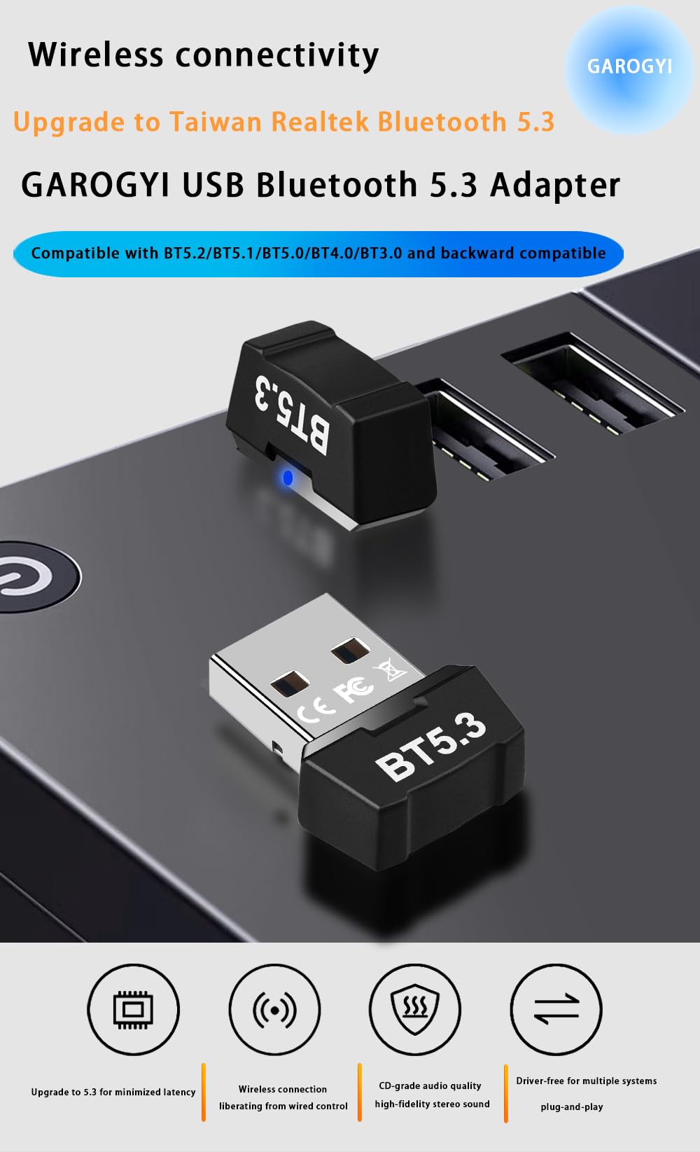Garogyi Usb Bluetooth 5.3 Adapter For Pc, Supports Windows 11/10/8.1/7,5.3+Edr Bluetooth Wireless Transmitter Receiver For Deskt