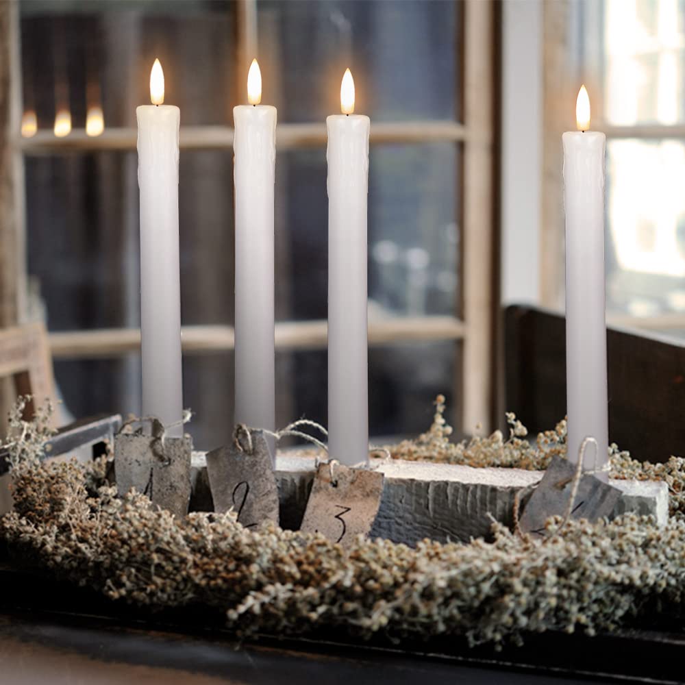 Genswin Drip Wax Flameless Taper Candles Flickering With 10 Key Remote, Battery Operated Led Warm 3D Wick Light Window Candles R