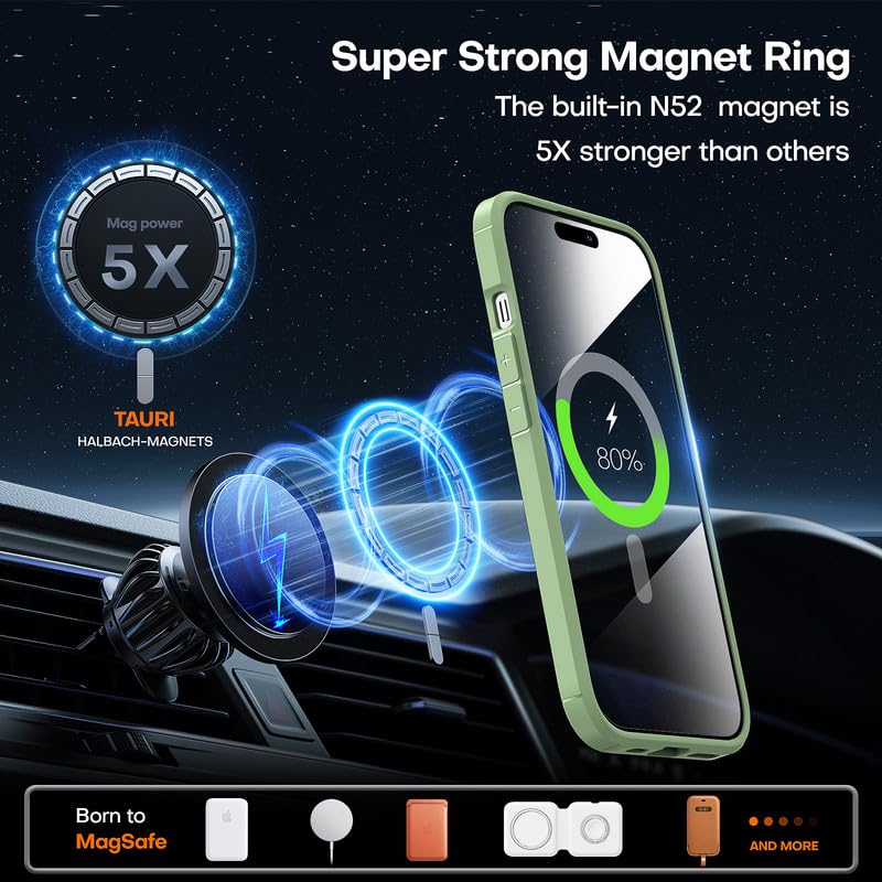 Tauri 3 In 1 Magnetic For Iphone 15 Case Green, [Compatible With Magsafe] [Not Yellowing] With 2X Screen Protector, Slim Shockpr