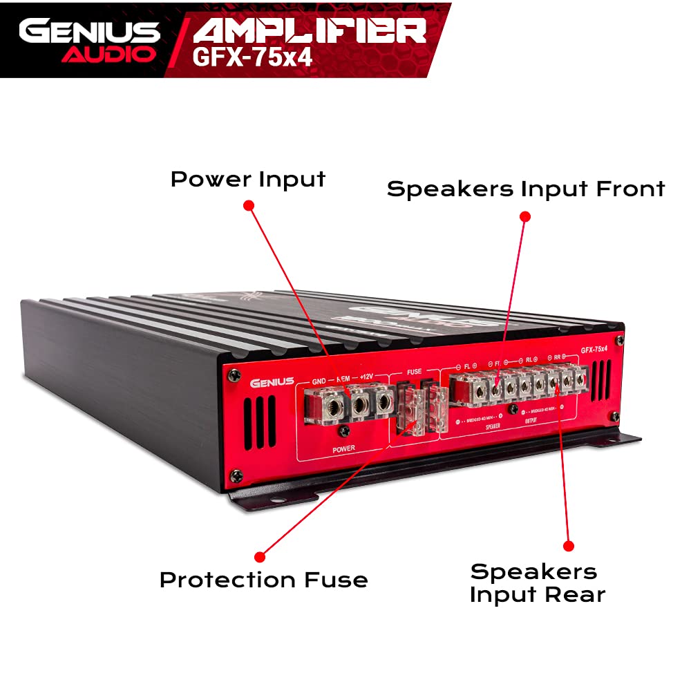 Genius Audio Gfx 75X4 Full Range Powered Car Amplifier Multichannel 1800 Watts Max Class Ab 2 Ohm Stable With Power Protection System To Boost Speaker And Woofer Performance