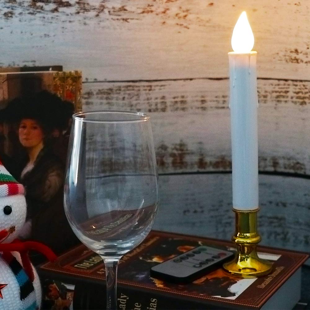 Wondise White Flameless Flickering Taper Candles   Battery Operated With Remote & Timer, Gold Holders, Suction Cups, Christmas W