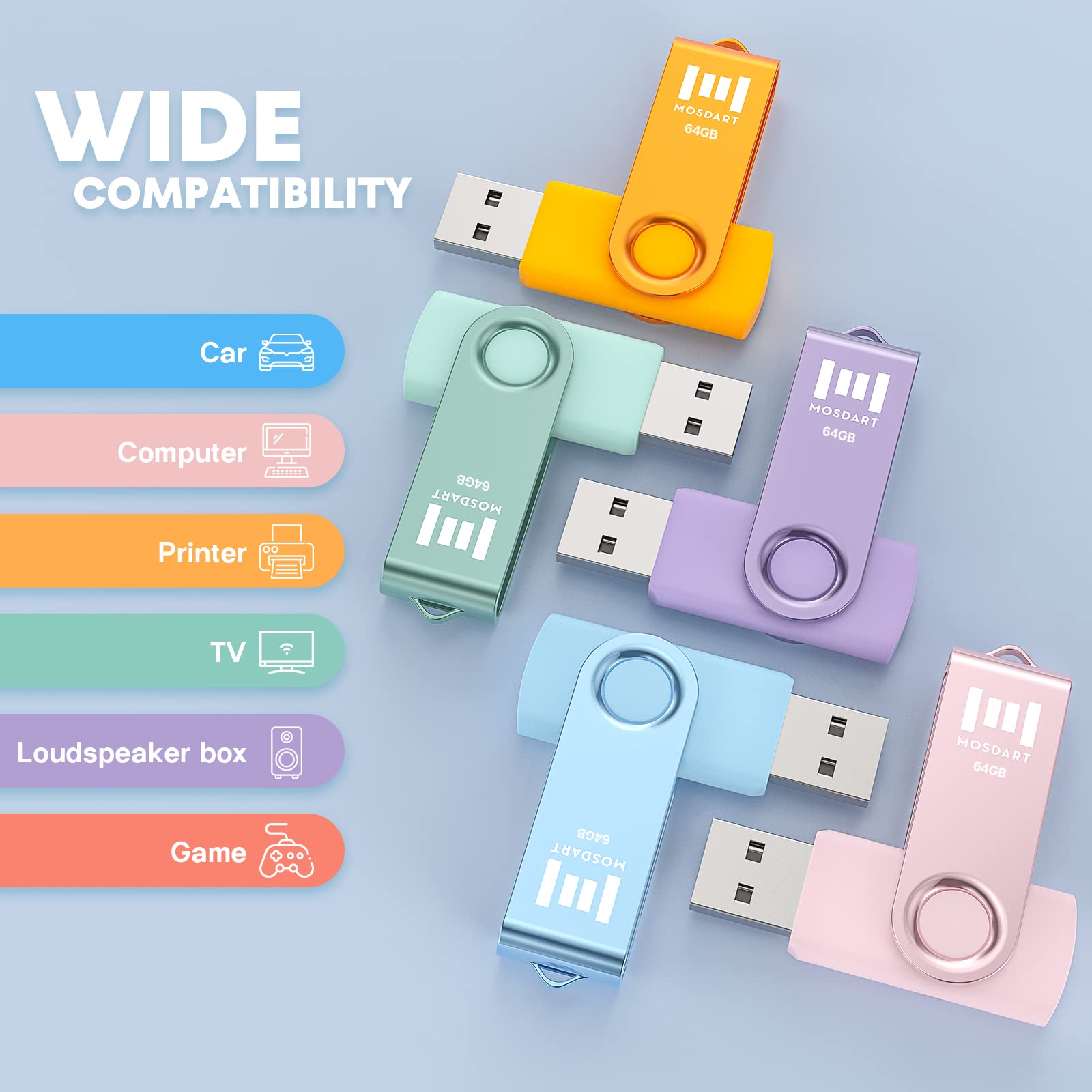 Mosdart 64Gb Usb Flash Drive 5 Pack, 64 Gb Pastel Multicolor Multipack Usb2.0 Thumb Drives, Swivel Design With Led Light, Exfat