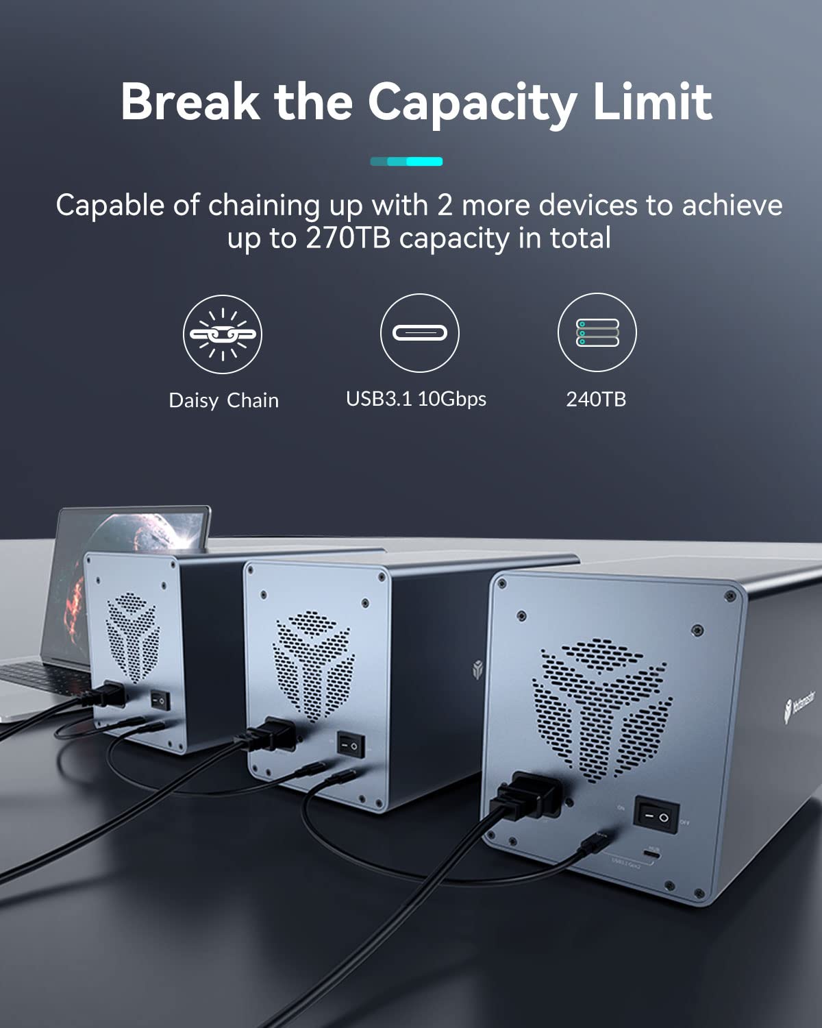 Yottamaster 10Gbps 5 Bay Usb C Hard Drive Enclosure Daisy Chain, 150W Aluminum 3.5'' Hdd Enclosure For 3.5 & 2.5 Inch Sata Hdd/S