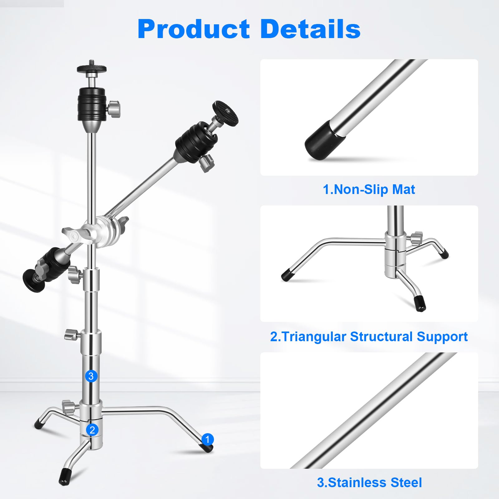Supon 20' Mini Pocket C Stand, All Metal Adjustable Small 20.8' C Stand Short Tripod Stand With 13' Boom Arm Grip Head, 3 Ball Head, Sliding Leg For Camera, Smartphone, Light, Mic Photography   Silver