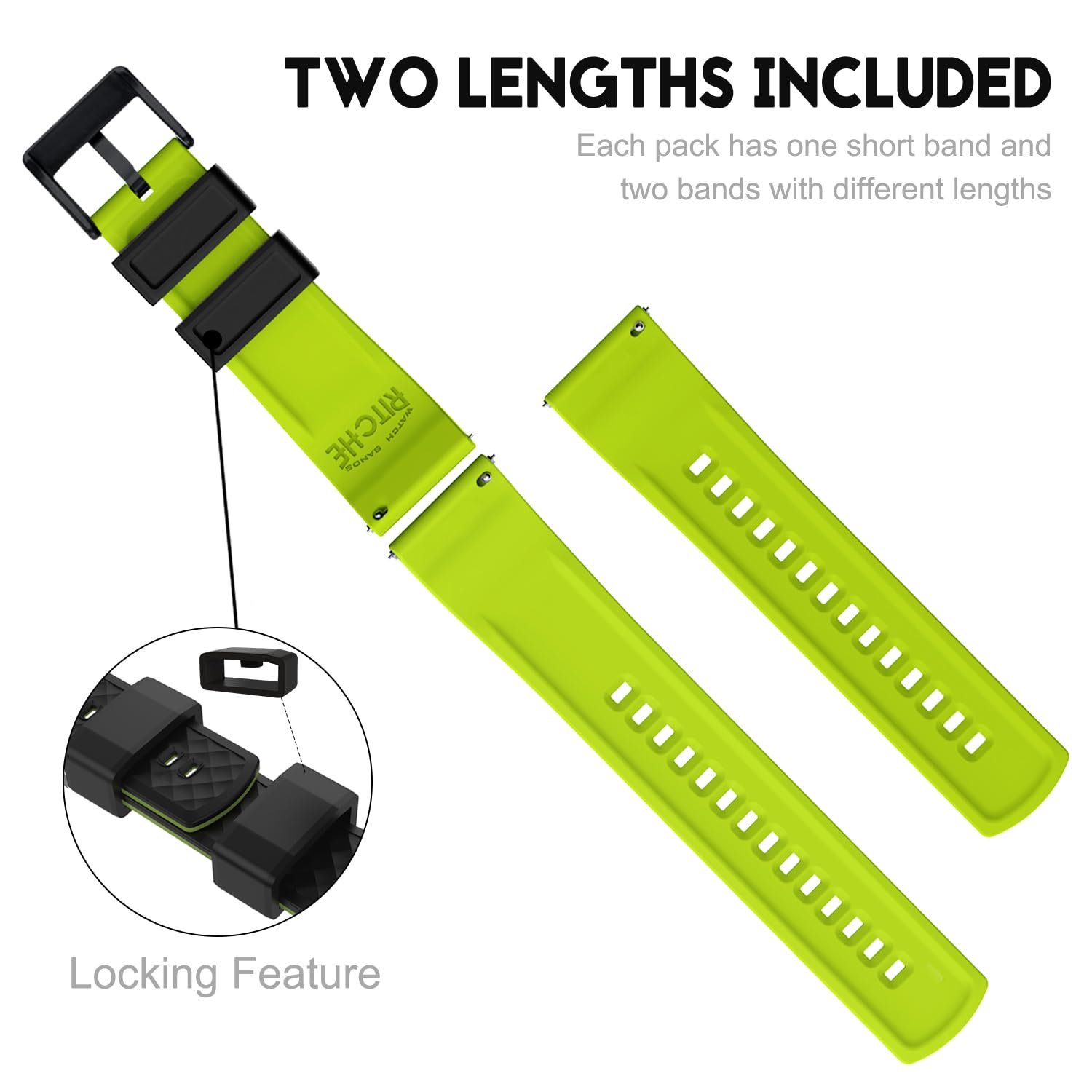 Ritche Christmas Gift 24Mm Silicone Watch Band Quick Release Rubber Watch Bands For Men Women   Black Top Fluorescent Green Bott