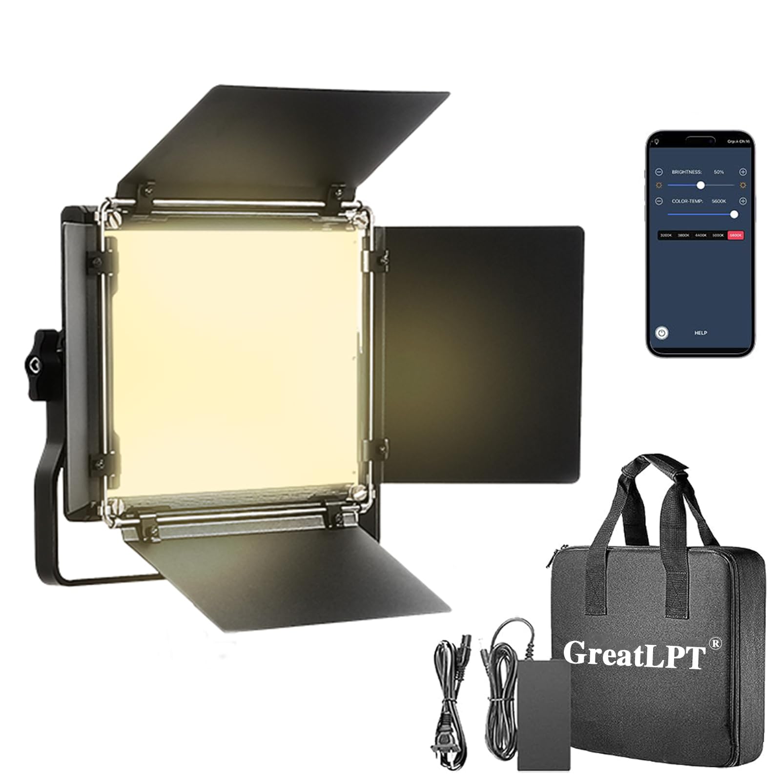 Greatlpt 50W 600 Led Photography Lighting With App Control & Stand Kit, 3200K 5600K Dimmable Cri 96+ Tlci 97+ Cqs 96+, 1800 Lux/